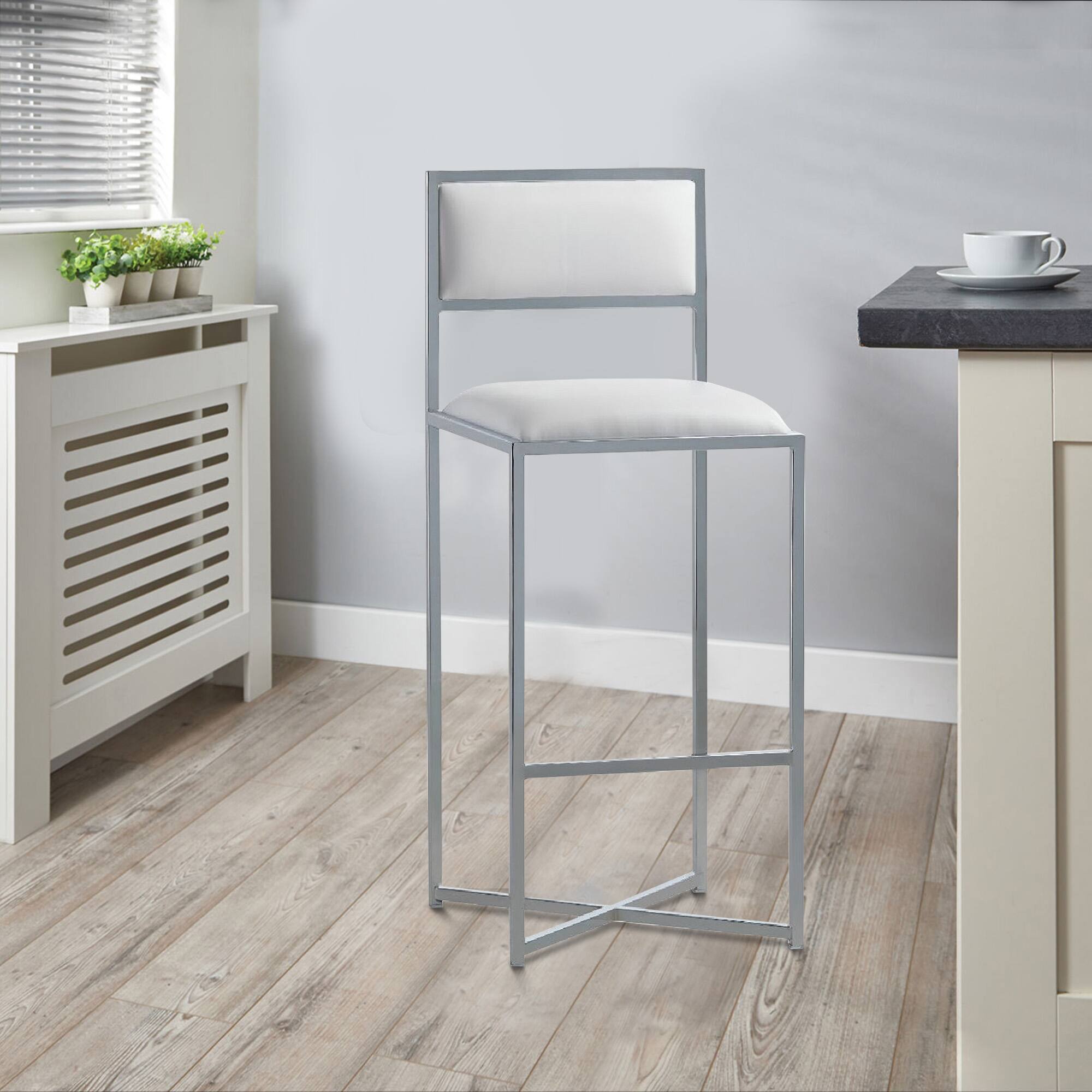 Alt View 2. Manhattan Lane - Eun 30 Inch Vegan Faux Leather Barstool, Chrome Base, Set of 2 - White and Chrome.