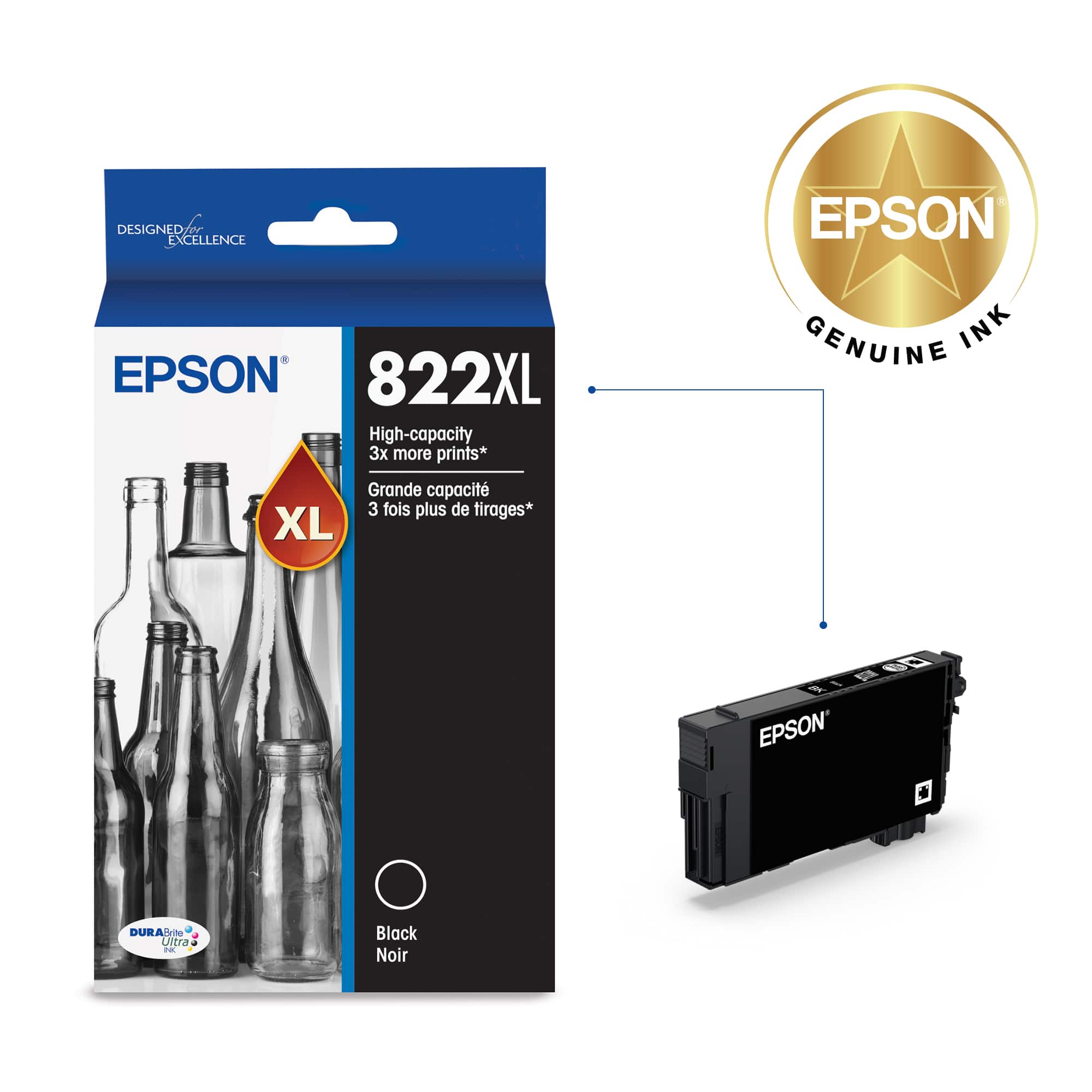 Designed Excellence Epson 822XL High-capacity 3x more prints Grande capacit 3 fois plus de tirages XL Genuine Ink Epson + Durab Uitra . - Black Noir