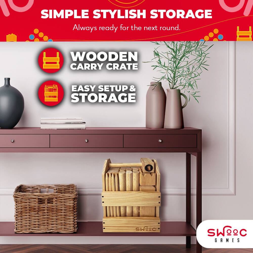 **SIMPLE STYLISH STORAGE**  
Always ready for the next round.

**WOODEN CARRY CRATE**

**EASY SETUP & STORAGE**

SWC GAMES