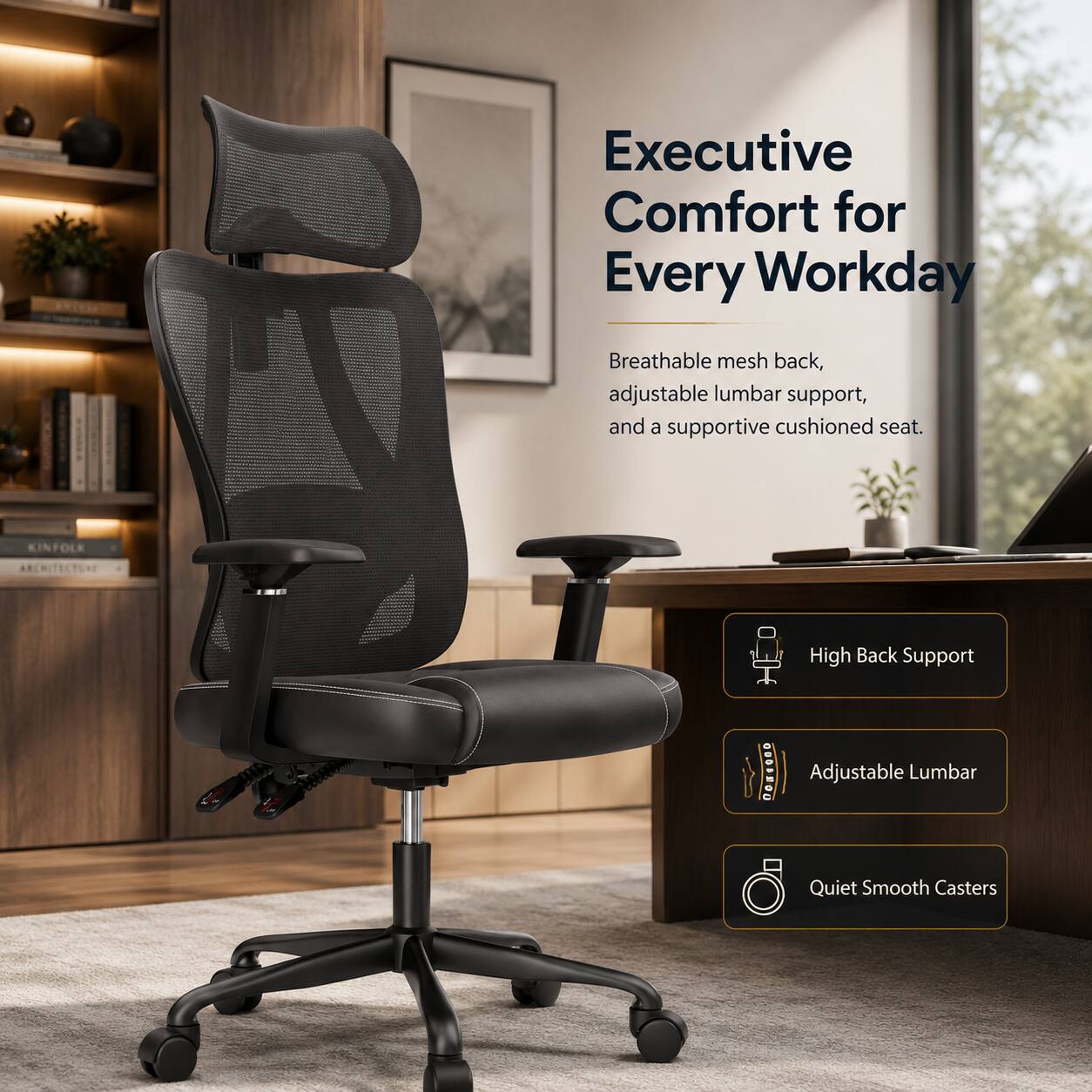 Executive Comfort for Every Workday  
Breathable mesh back, adjustable lumbar support, and a supportive cushioned seat.  
KINFOLK ARCHITECTURE  
High Back Support  
Adjustable Lumbar  
Quiet Smooth Casters