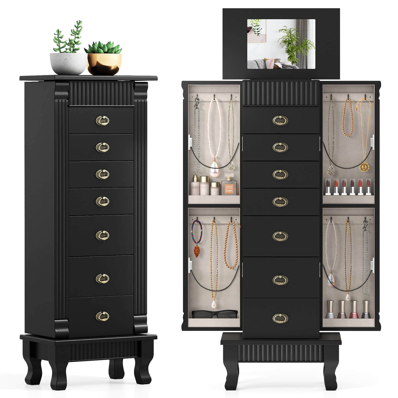 Costway - Jewelry Cabinet Armoire Box Storage Chest Stand Organizer Wood Christmas Gift - Black