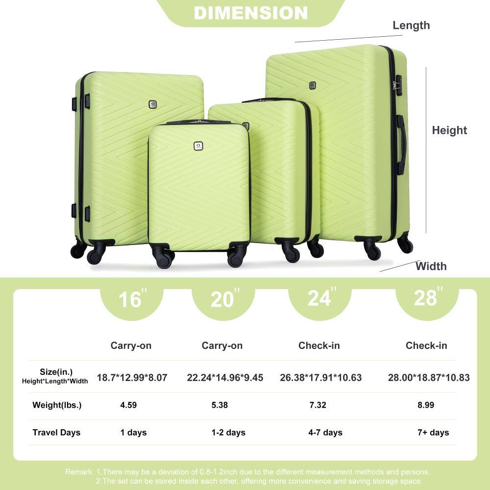 **DIMENSION**

- **16" Carry-on**
  - Size (in.): 18.7" x 12.99" x 8.07"
  - Weight (lbs.): 4.59
  - Travel Days: 1 day

- **20" Carry-on**
  - Size (in.): 22.24" x 14.96" x 9.45"
  - Weight (lbs.): 5.38
  - Travel Days: 1-2 days

- **24" Check-in**
  - Size (in.): 26.38" x 17.91" x 10.63"
  - Weight (lbs.): 7.32
  - Travel Days: 4-7 days

- **28" Check-in**
  - Size (in.): 28.00" x 18.87" x 10.83"
  - Weight (lbs.): 8.99
  - Travel Days: 7+ days

**Remark:**
1. There may be a