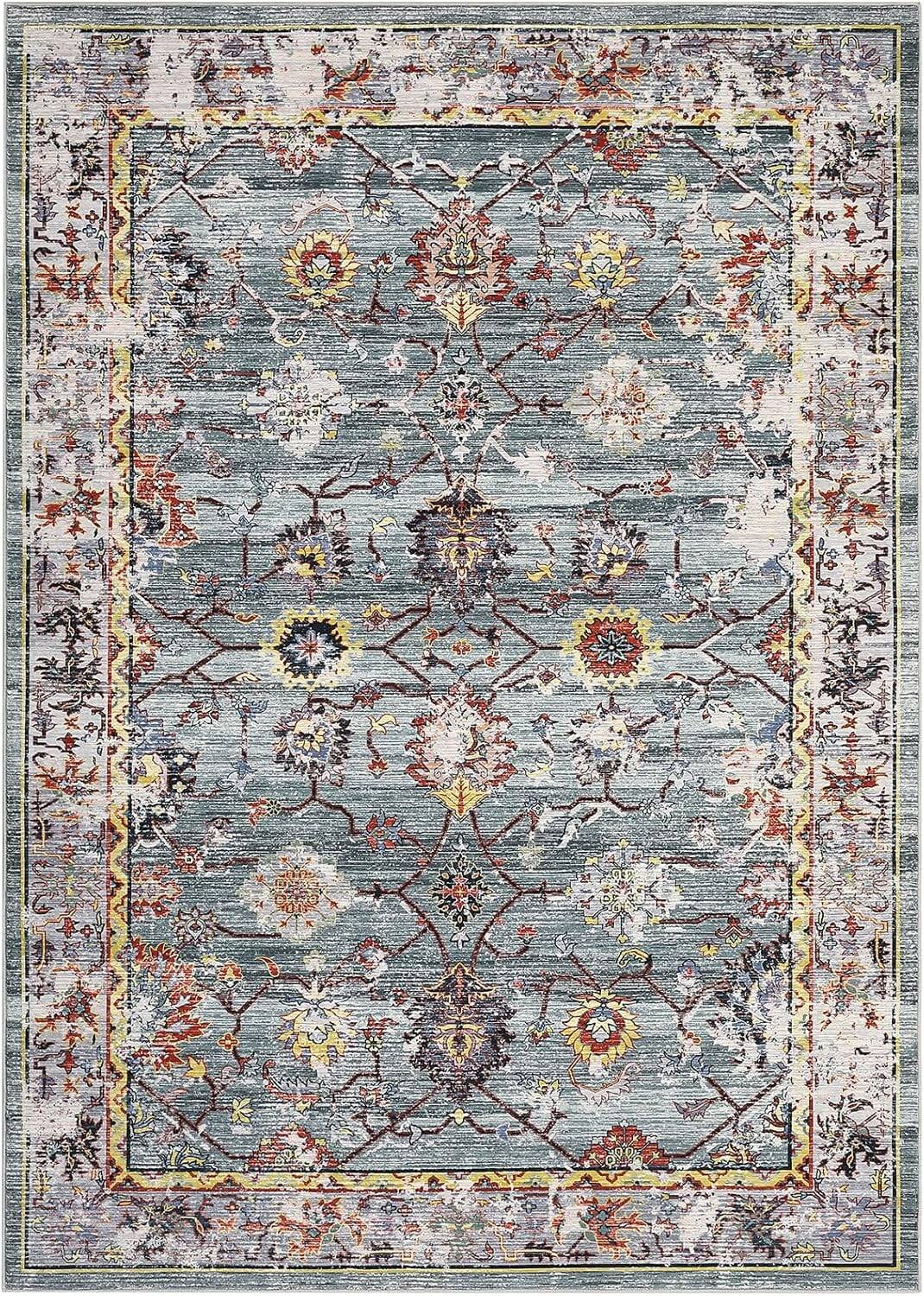 Left. Homhougo - 8x10 Machine Washable Vintage Floral Area Rug, Non-Slip Soft Carpet for Living Room Green - Green.