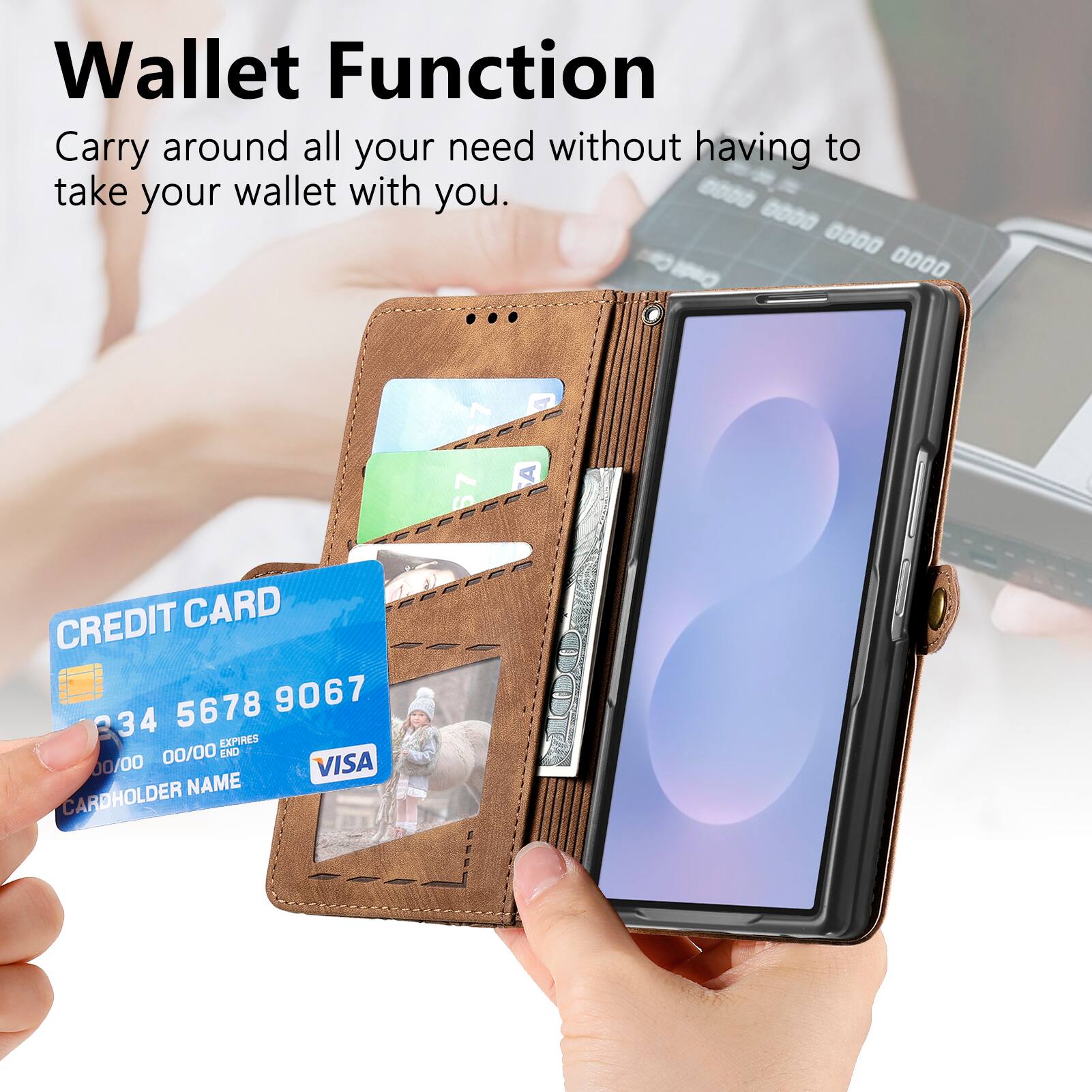 Wallet Function  
Carry around all your need without having to take your wallet with you.  

CREDIT CARD  
1234 5678 9067 34  
EXPIRES 00/00  
END 00/00  
VISA  
CARDHOLDER NAME