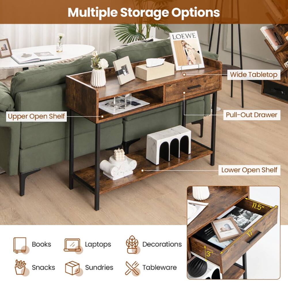 Multiple Storage Options

- Wide Tabletop
- Upper Open Shelf
- Pull-Out Drawer
- Lower Open Shelf

11.5" Books, Laptops, Decorations, Snacks, Sundries, Tableware

3"