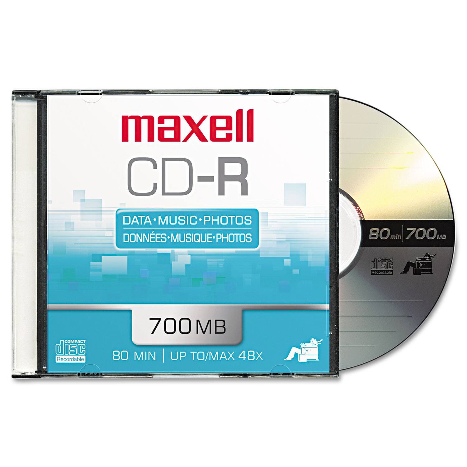 Maxell CD-R  
DATA • MUSIC • PHOTOS  
DONNÉES • MUSIQUE • PHOTOS  
700 MB  
80 MIN | UP TO/MAX 48X  
COMPACT disc Recordable