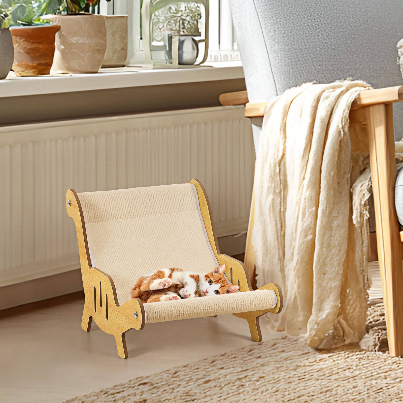 Alt View 2. Oumilen - Cat Scratcher Lounge Bed, 2-in-1 Cat Bed & Sisal Scratcher Chair for Indoor Cats - Natural.