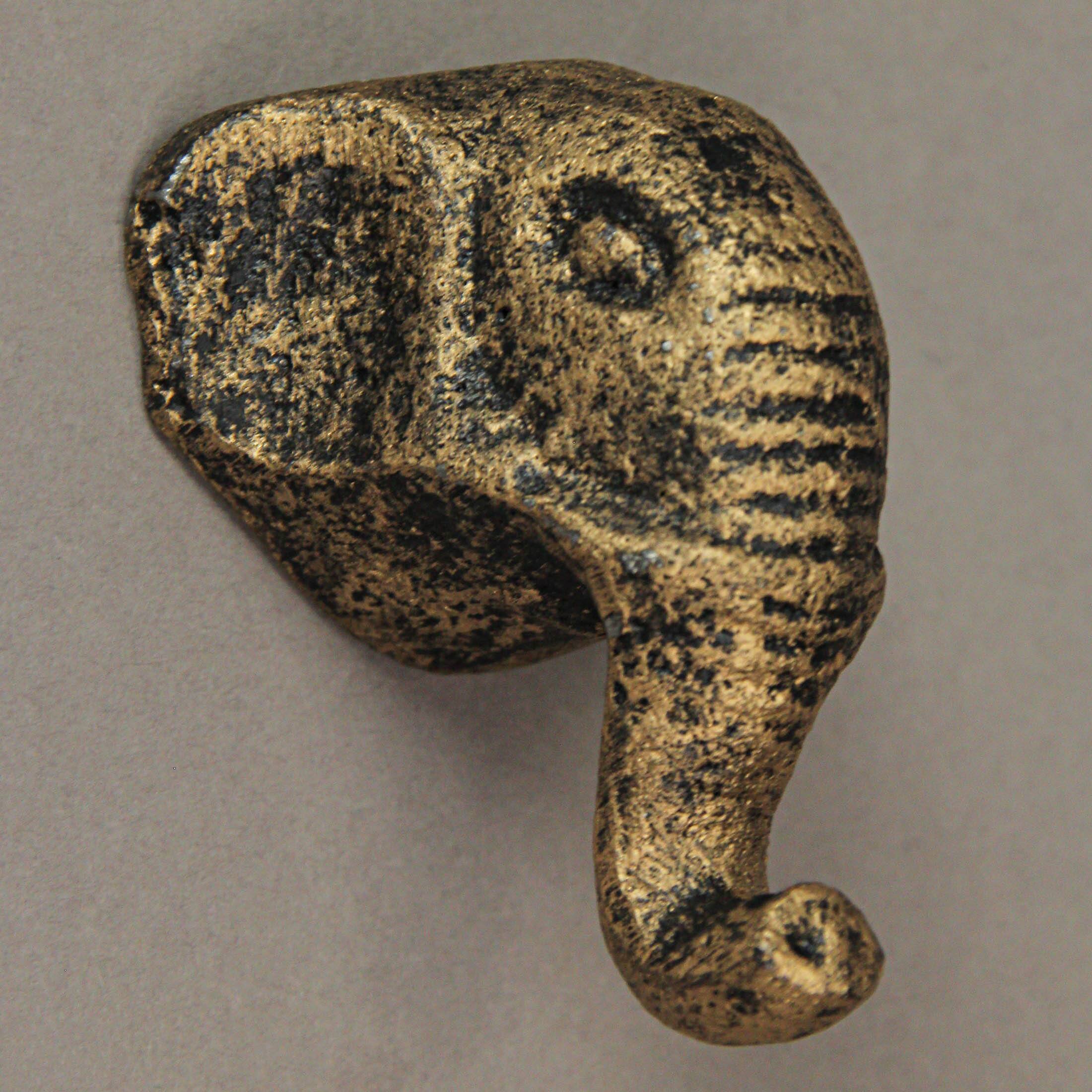 Alt View 5. Zeckos - Antique Gold Finish Cast Iron Elephant Head Cabinet Knob Drawer Pulls Set of 6 - Gold.