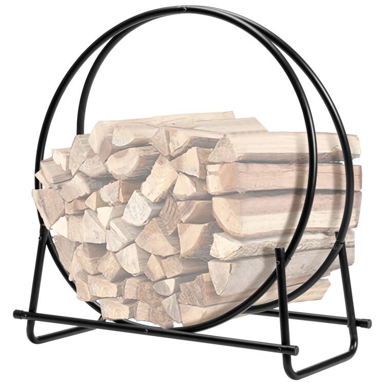 Angle. Mondawe - 30 Inch Tubular Steel Log Hoop Firewood Storage Rack - Black.