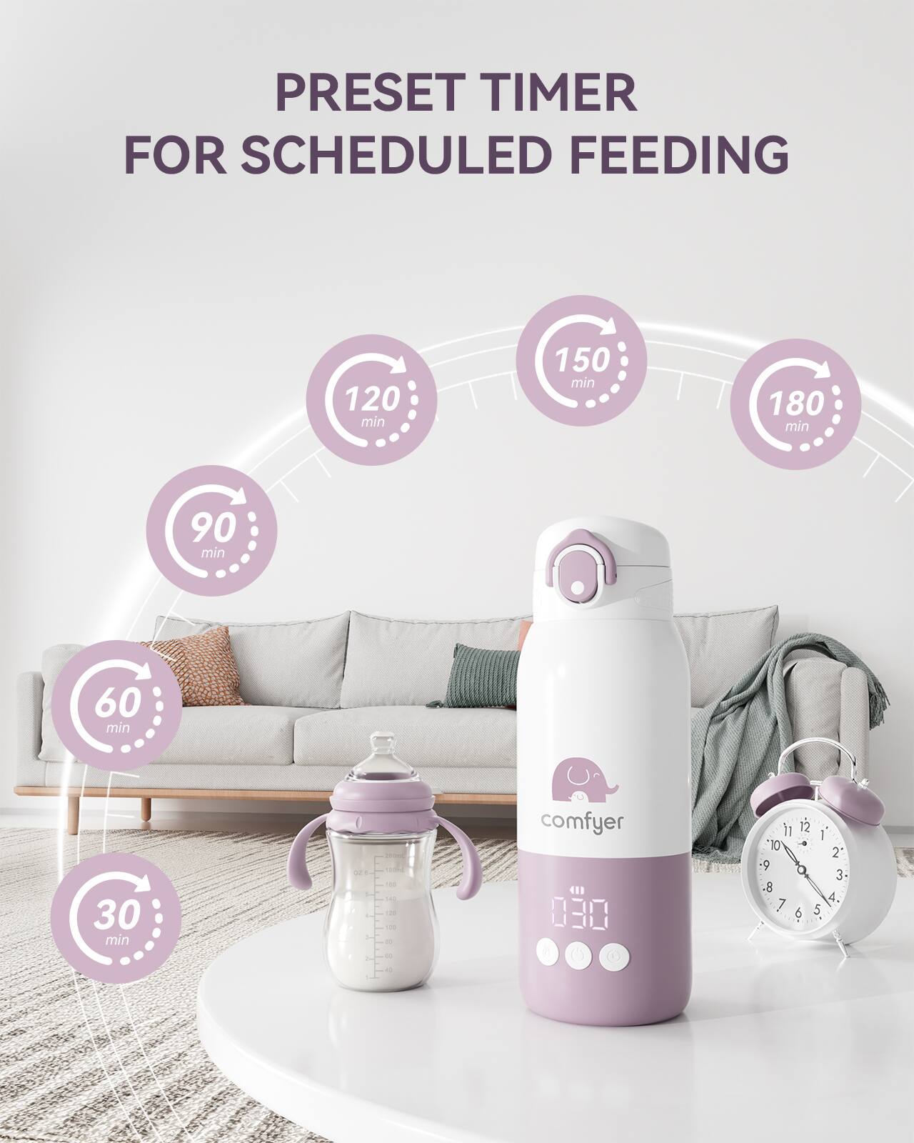 PRESET TIMER FOR SCHEDULED FEEDING

120 min
150 min
180 min
90 min
60 min
30 min

comfyer

411 030

11 12 1 10 2 9
3 8 4 7 6 5