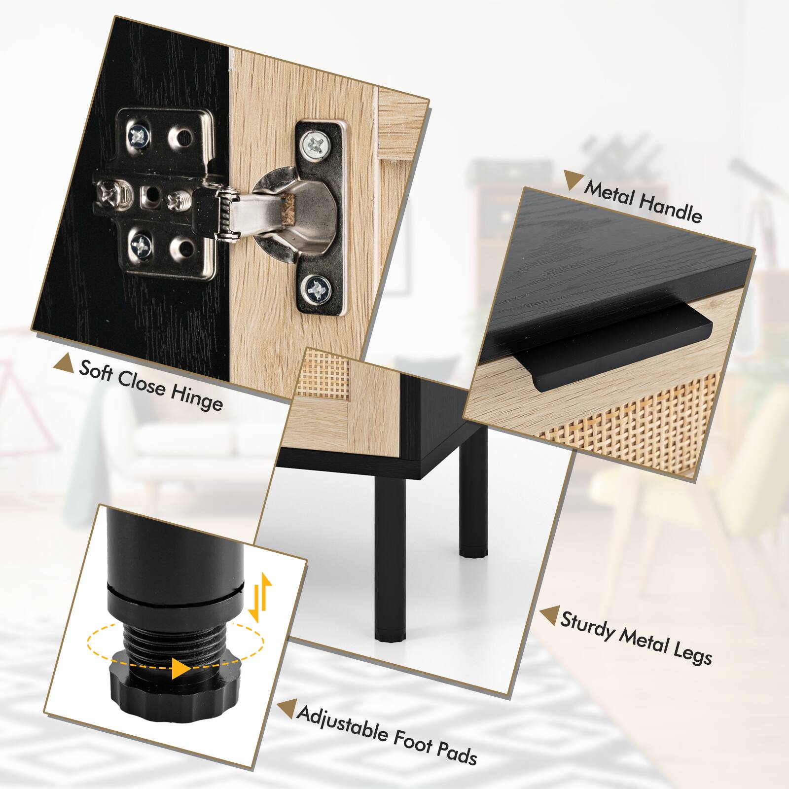 Metal Handle  
Soft Close Hinge  
1L Adjustable Foot Pads  
Sturdy Metal Legs