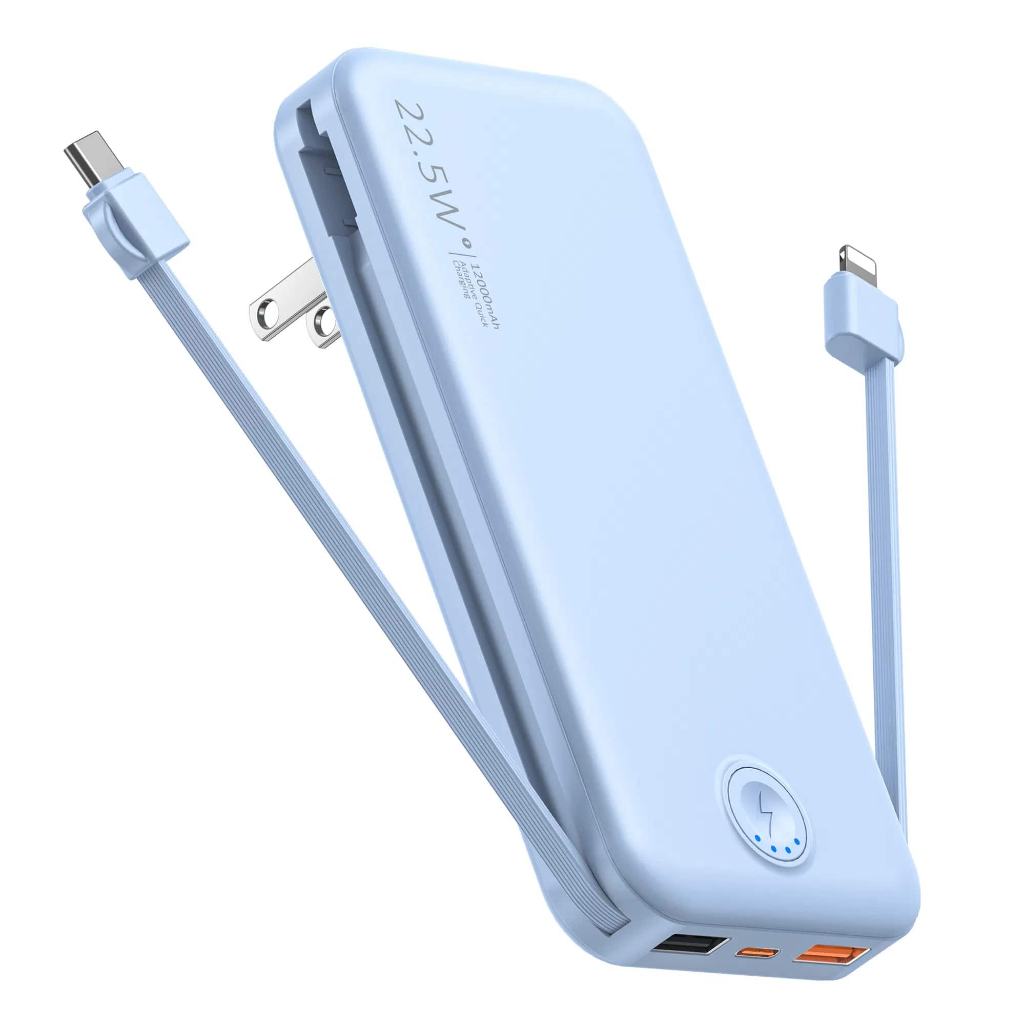 BEARSOLIM - 12000mAh Portable Power Bank with Built in Cables Mobile Phone Portable Charger Power Phone Charger Backup Battery,in Bl - Blue