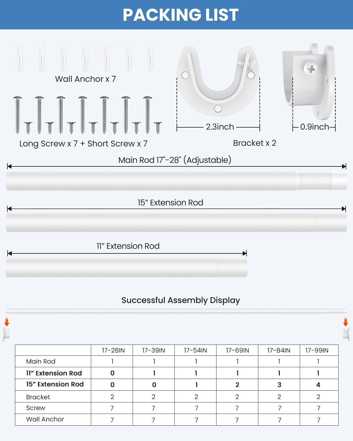 **PACKING LIST**

- Wall Anchor x 7
- Long Screw x 7 + Short Screw x 7
- Bracket x 2
- Main Rod 17"-28" (Adjustable)
- 15" Extension Rod
- 11" Extension Rod

**Successful Assembly Display**

| Size Range | Main Rod | 11" Extension Rod | 15" Extension Rod | Bracket | Screw | Wall Anchor |
|------------|----------|------------------|------------------|---------|--------|-------------|
| 17-28IN    | 1        | 0                | 0                | 2       | 7      | 7           |
| 17-39IN    | 1        | 1                | 0                | 2       | 7      | 7           |
| 17-54IN    | 1        | 1                | 1                | 2       | 7      | 7           |
| 17-69IN    | 1        | 1                | 2                | 2       | 7      | 7           |
| 17-84IN   