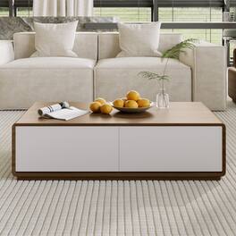 POVISON - 51" Fully-Assembled Mid-Century Modern Rectangular Wood Coffee Table with 4 Drawers, Walnut White - Walnut & White