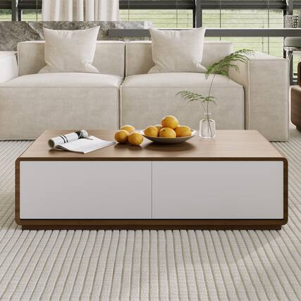 Front. POVISON - 51" Fully-Assembled Mid-Century Modern Rectangular Wood Coffee Table with 4 Drawers, Walnut White - Walnut & White.
