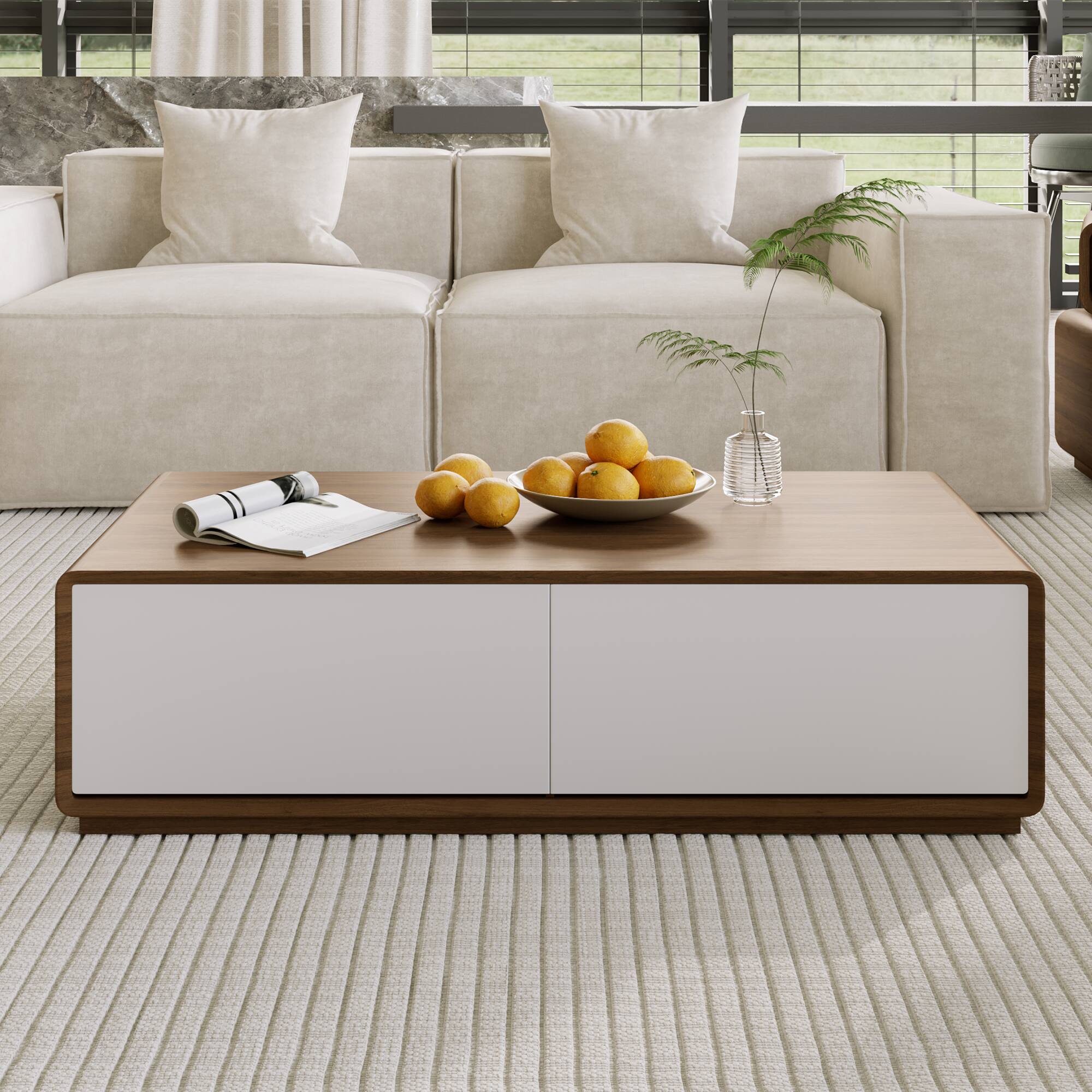 Front. POVISON - 51" Fully-Assembled Mid-Century Modern Rectangular Wood Coffee Table with 4 Drawers, Walnut White - Walnut & White.