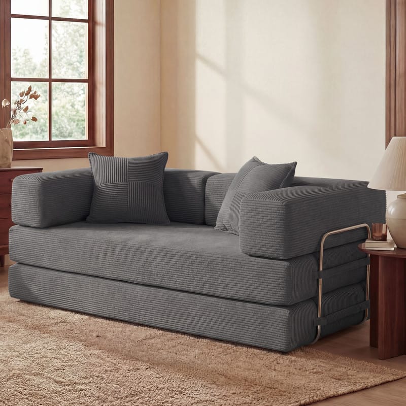 Dyonery - 65-in five-in-one folding floor sofa bed, convertible into a double bed sofa bed, with metal frame, corduroy - Gray