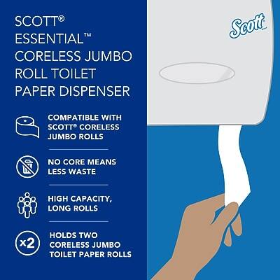 SCOTT® ESSENTIAL™ CORELESS JUMBO ROLL TOILET PAPER DISPENSER

- COMPATIBLE WITH SCOTT® CORELESS JUMBO ROLLS
- NO CORE MEANS LESS WASTE
- HIGH CAPACITY, LONG ROLLS
- HOLDS TWO CORELESS JUMBO TOILET PAPER ROLLS