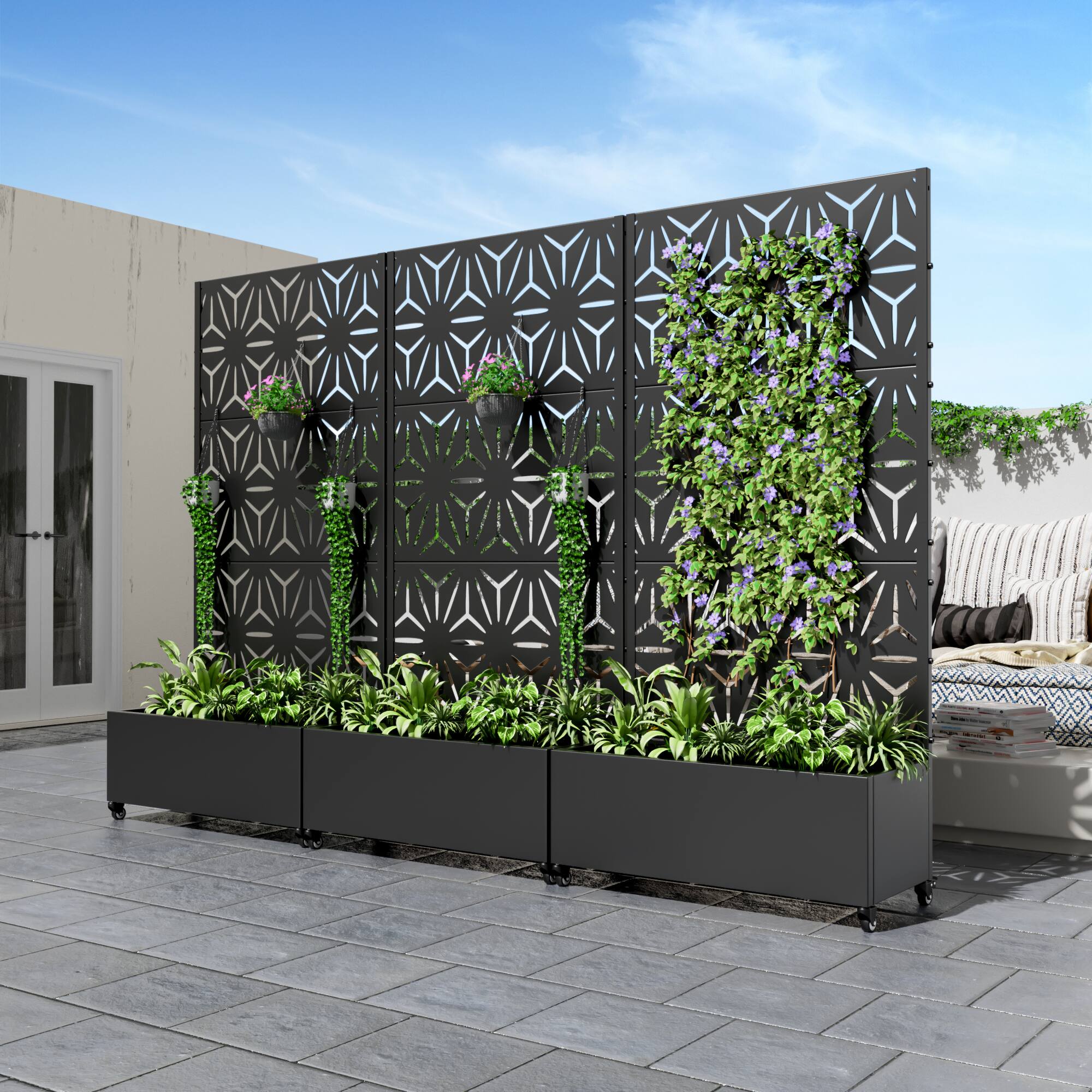Alt View 1. PexFix - 72 in. H x 35 in. W Star Pattern Rectangle Metal Planter Box Raised Garden Beds with Trellis-Ideal for Balcony - Black.