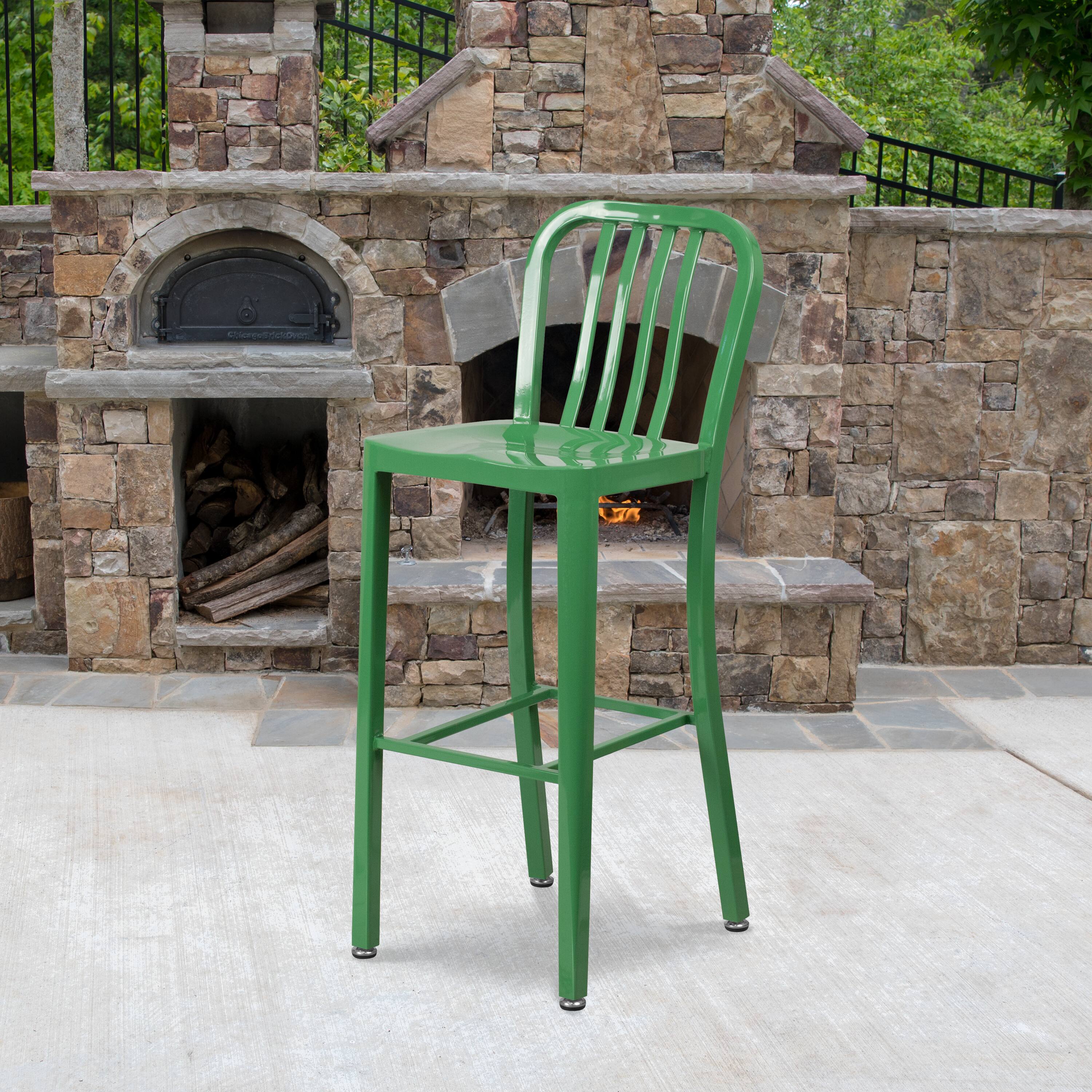 Alt View 1. Emma + Oliver - Commercial Grade 30"H Colorful Metal Indoor-Outdoor Vertical Slat Back Barstool - Green.