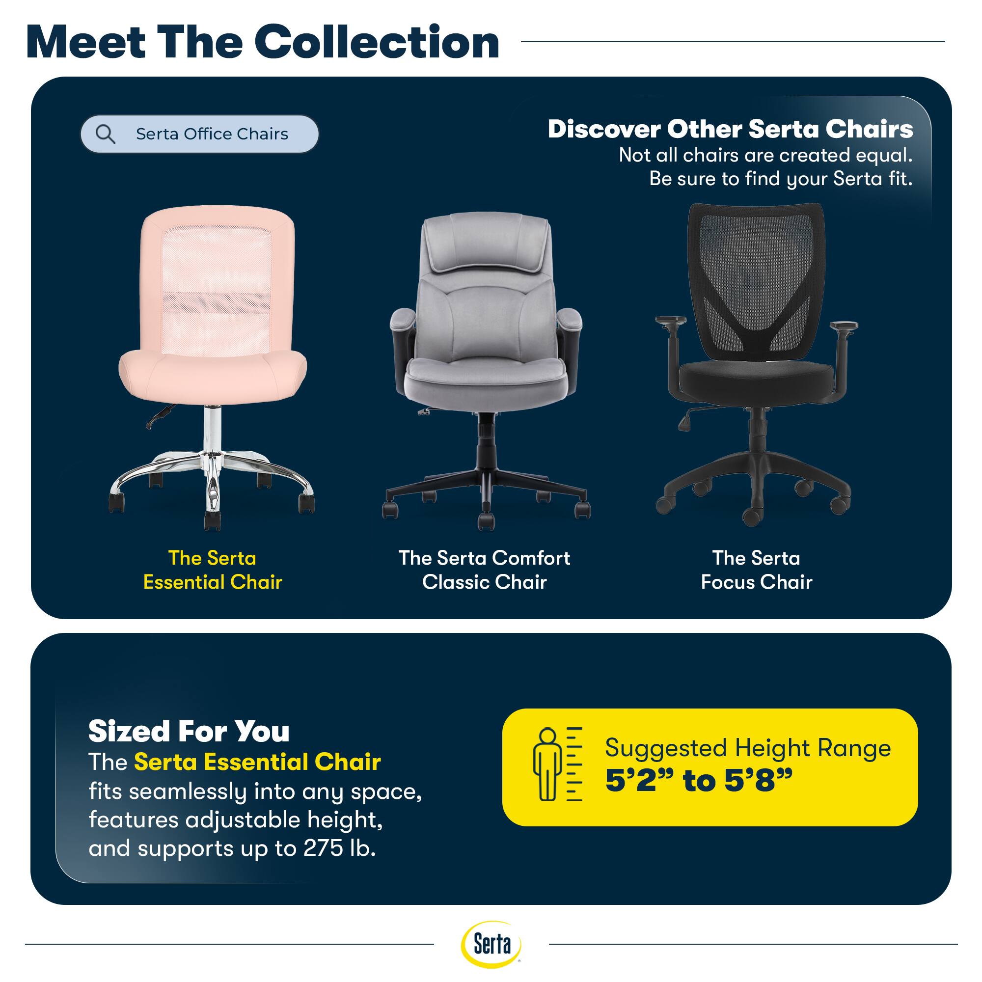 Meet The Collection

Serta Office Chairs

Discover Other Serta Chairs
Not all chairs are created equal. Be sure to find your Serta fit.

The Serta Essential Chair
The Serta Comfort Classic Chair
The Serta Focus Chair

Sized For You
The Serta Essential Chair fits seamlessly into any space, features adjustable height, and supports up to 275 lb.

Suggested Height Range
5'2" to 5'8"