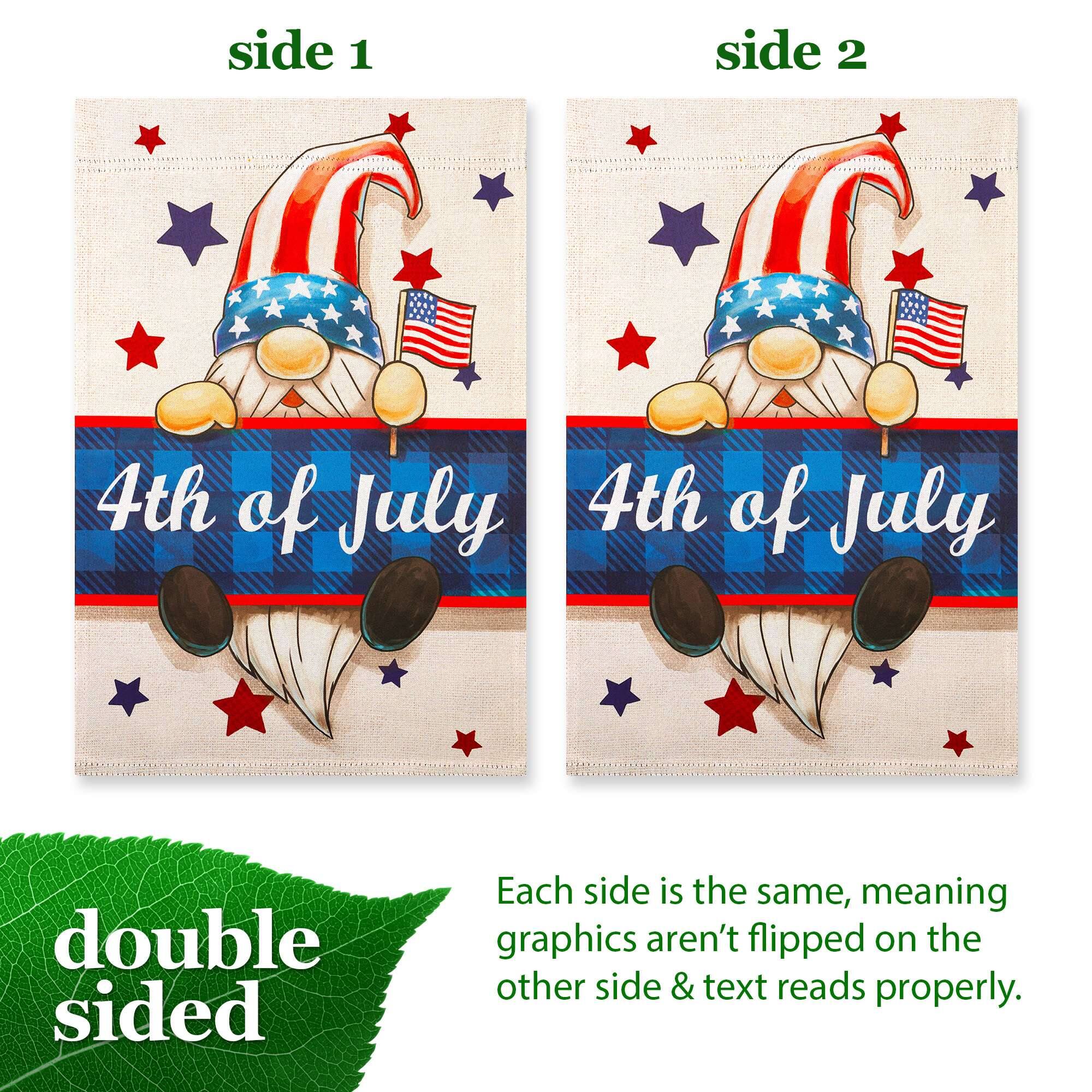 side 1 side 2  
4th of July  
4th of July  
double sided  
Each side is the same, meaning graphics aren't flipped on the other side & text reads properly.