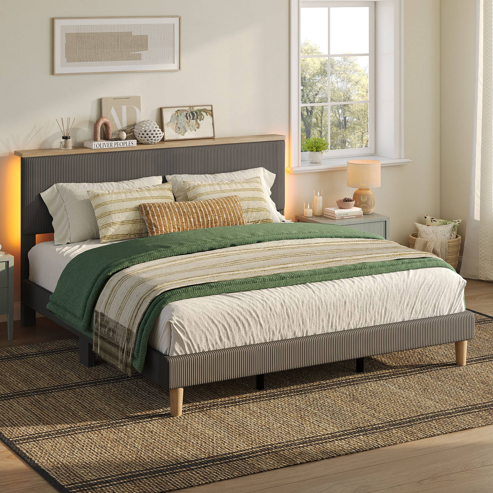 Alt View 1. Bestier - Bed Frame Upholstered Platform Gaming Bed with LED Light & Adjustable Storage Headboard for Bedroom - Gray.