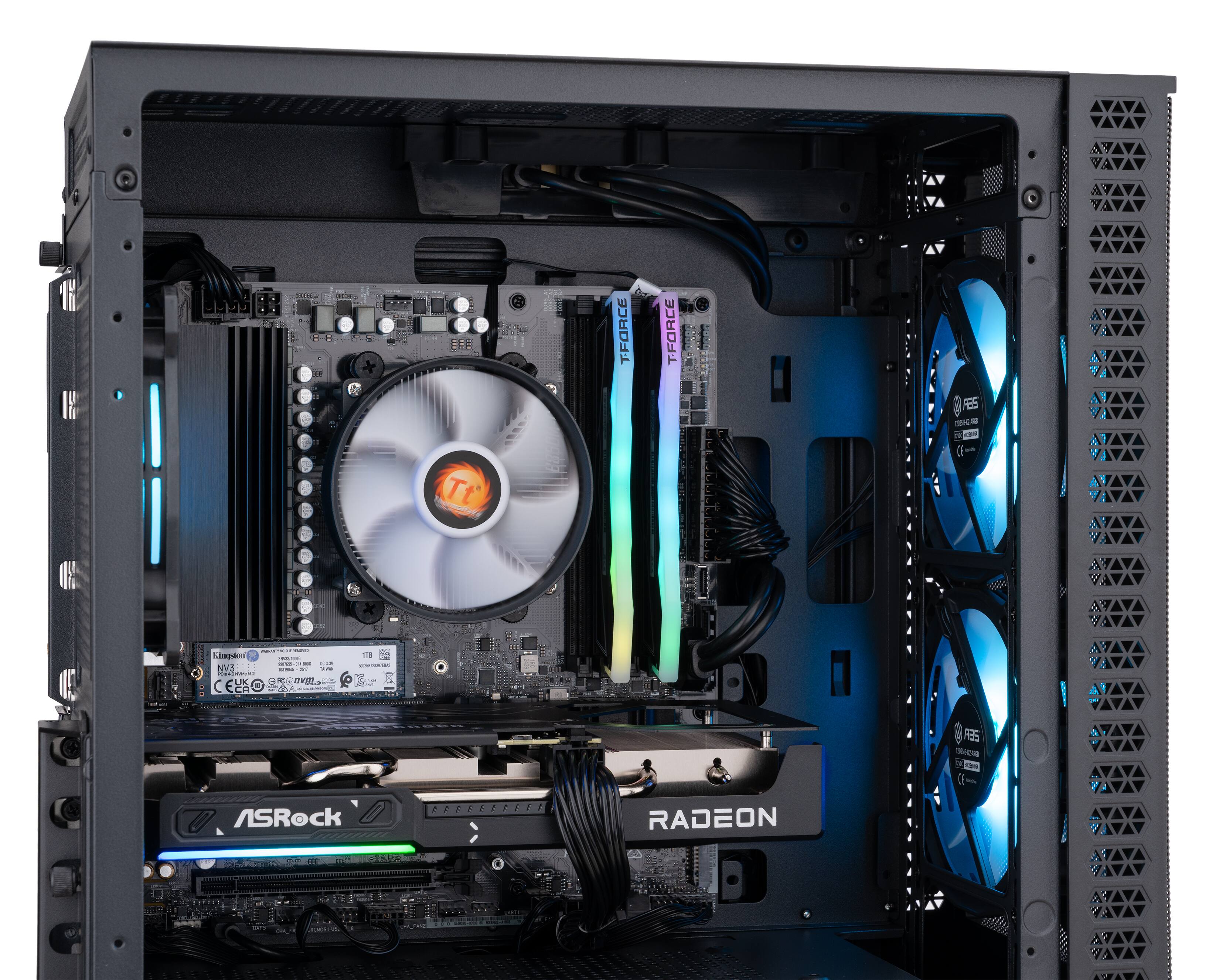 The text in the image appears to be a mix of components and brands. Here's the corrected and grouped version:

- **Motherboard:** ASRock
- **Graphics Card:** Radeon
- **Cooling System:** T-FORCE, TFORCE 2600
- **Case:** UK K+E

This setup includes a custom cooling system and a high-performance graphics card.