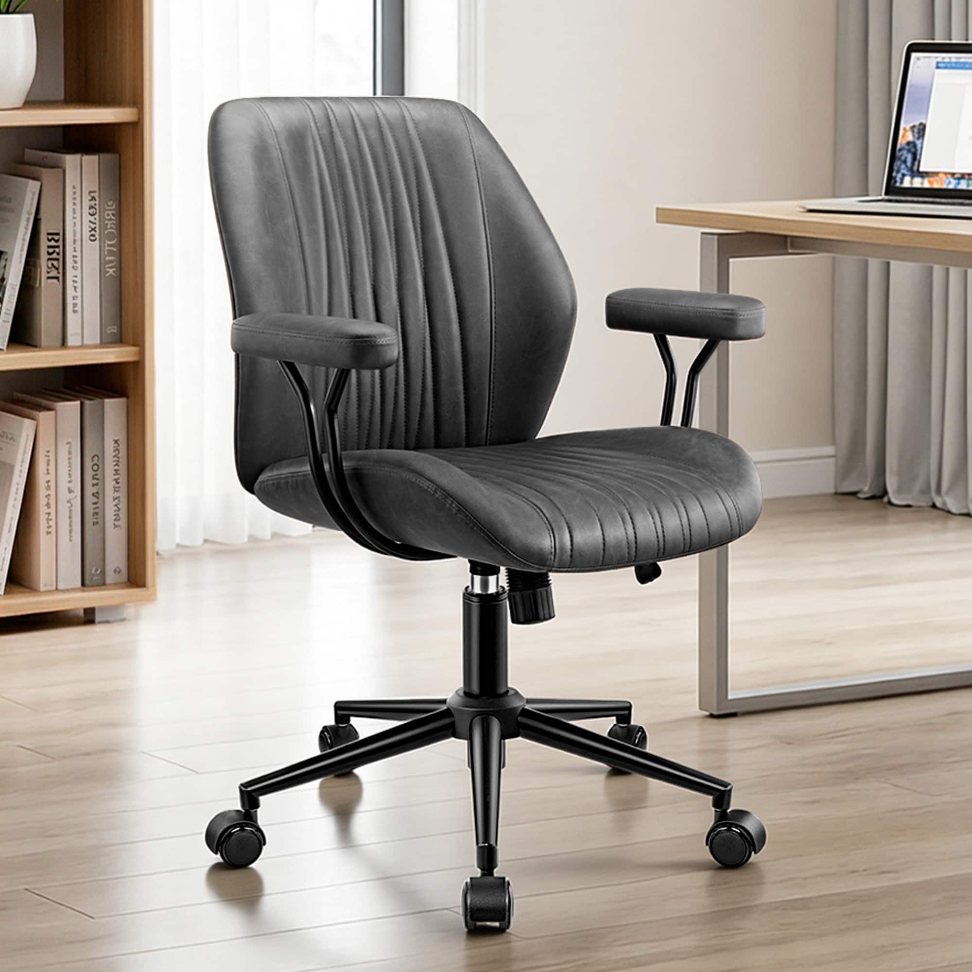 KERDOM - Mid Back Ergonomic Home Office Chair with Lumbar Support & Removable Armrest, Rocking Swivel Vanity Chair Desk Chair - Dark Gray