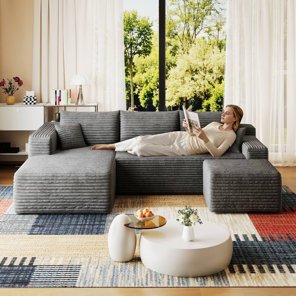 Angle. Ropilly - Ropilly 95 Inch U Shaped Sectional Sofa with Ottoman, Modern Minimalist Dark Grey Corduroy Couch - Dark Grey.