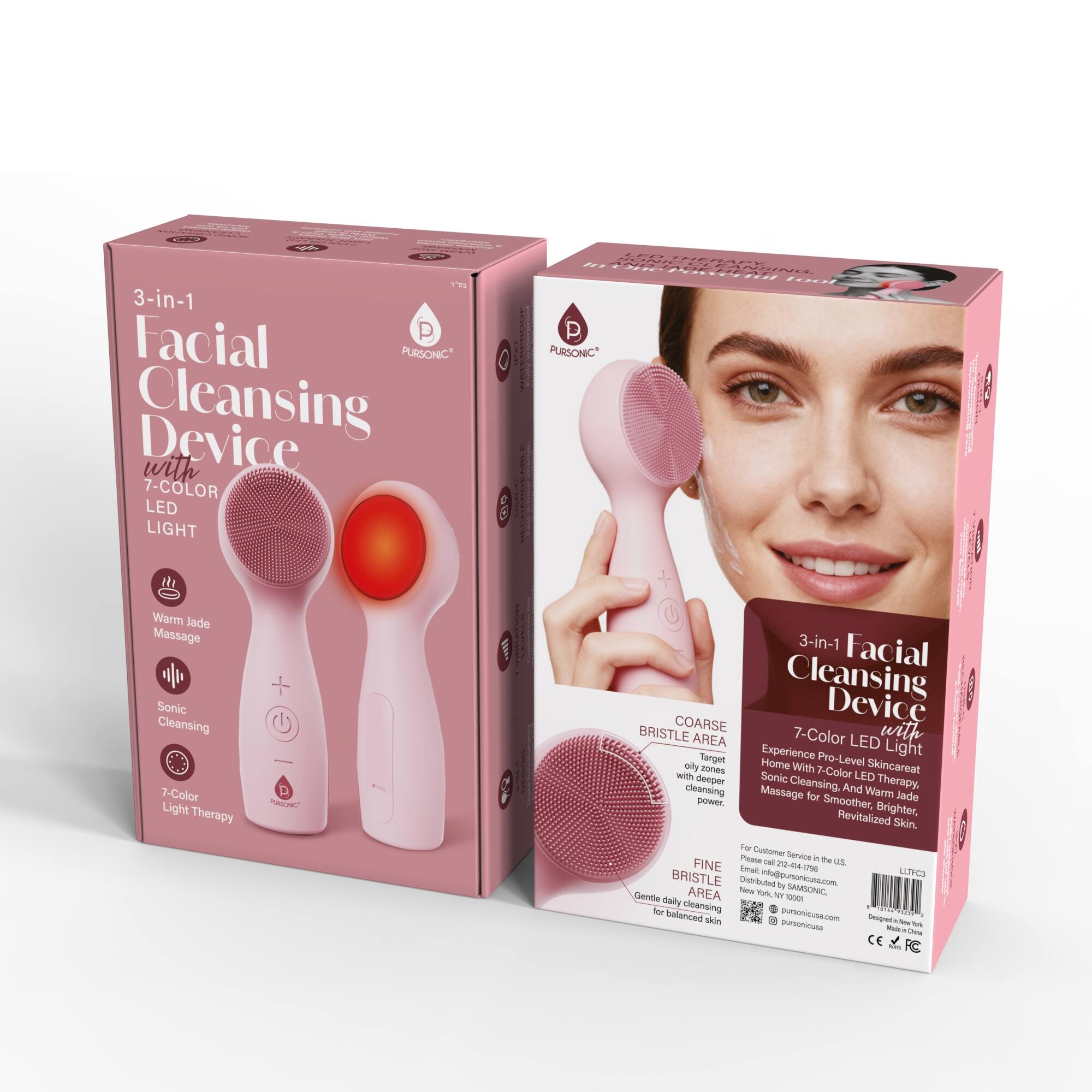 1' 3-in-1 P Facial PURSONIC Cleansing Device with 7-COLOR LED LIGHT

- Warm Jade Massage
- Sonic Cleansing
- 7-Color Light Therapy

Features:
- 3-in-1 Facial Cleansing Device
- 7-Color LED
- Coarse Bristle Area
- Fine Bristle Area

Experience Pro-Level Skincare with 7-Color LED Therapy, Sonic Cleansing, and Warm Jade Massage for Smoother, Revitalized, Brighter Skin.

For Customer Service in the U.S.:
- Phone: 272-44-179
- Email: support@pursonicusa.com

Website: pursonicusa.com

CE Marked

LTFC3

Distributed by Pursonic USA, New York, NY 10001