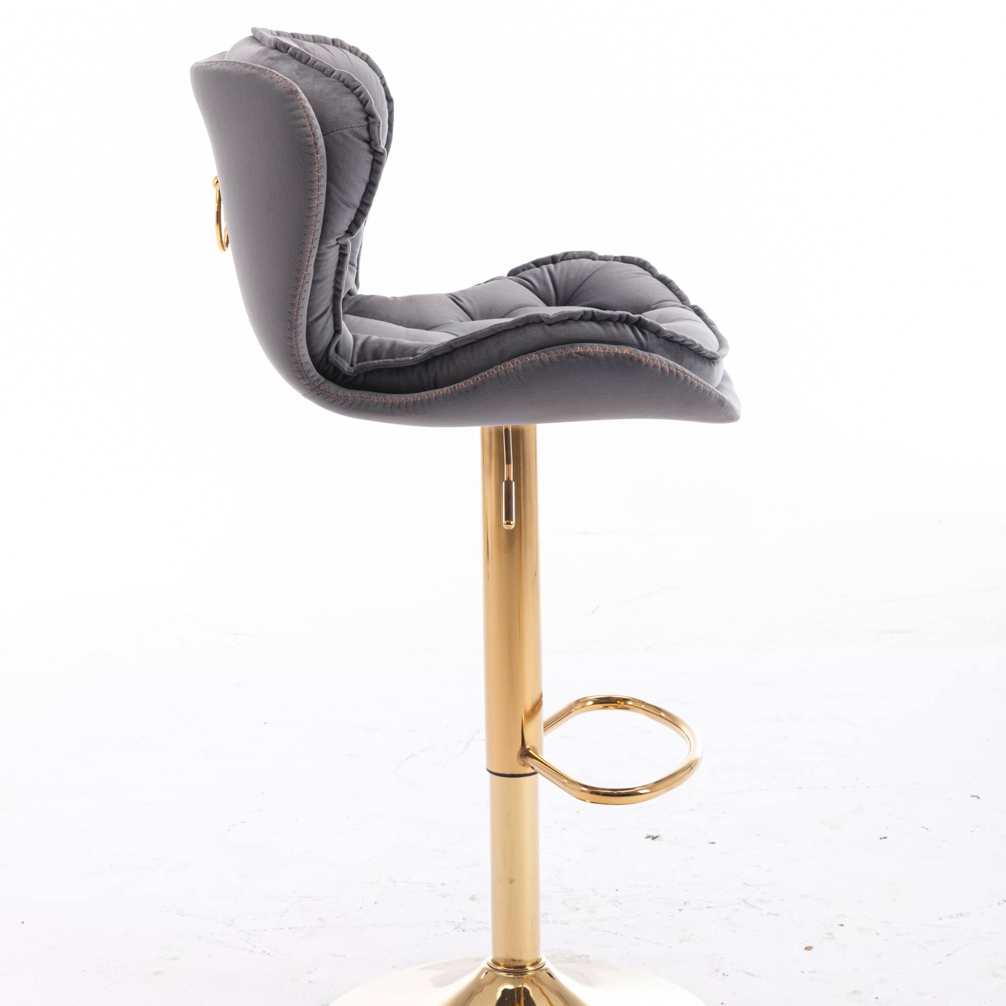 Back. GOODSILO - Set of 2 Adjustable Swivel Bar Stools with Chrome Footrest and Velvet Upholstery - Grey.