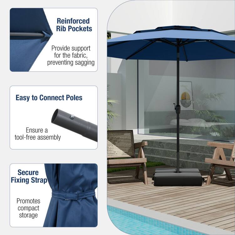 - Reinforced Rib Pockets  
  Provide support for the fabric, preventing sagging

- Easy to Connect Poles  
  Ensure a tool-free assembly

- Secure Fixing Strap  
  Promotes compact storage