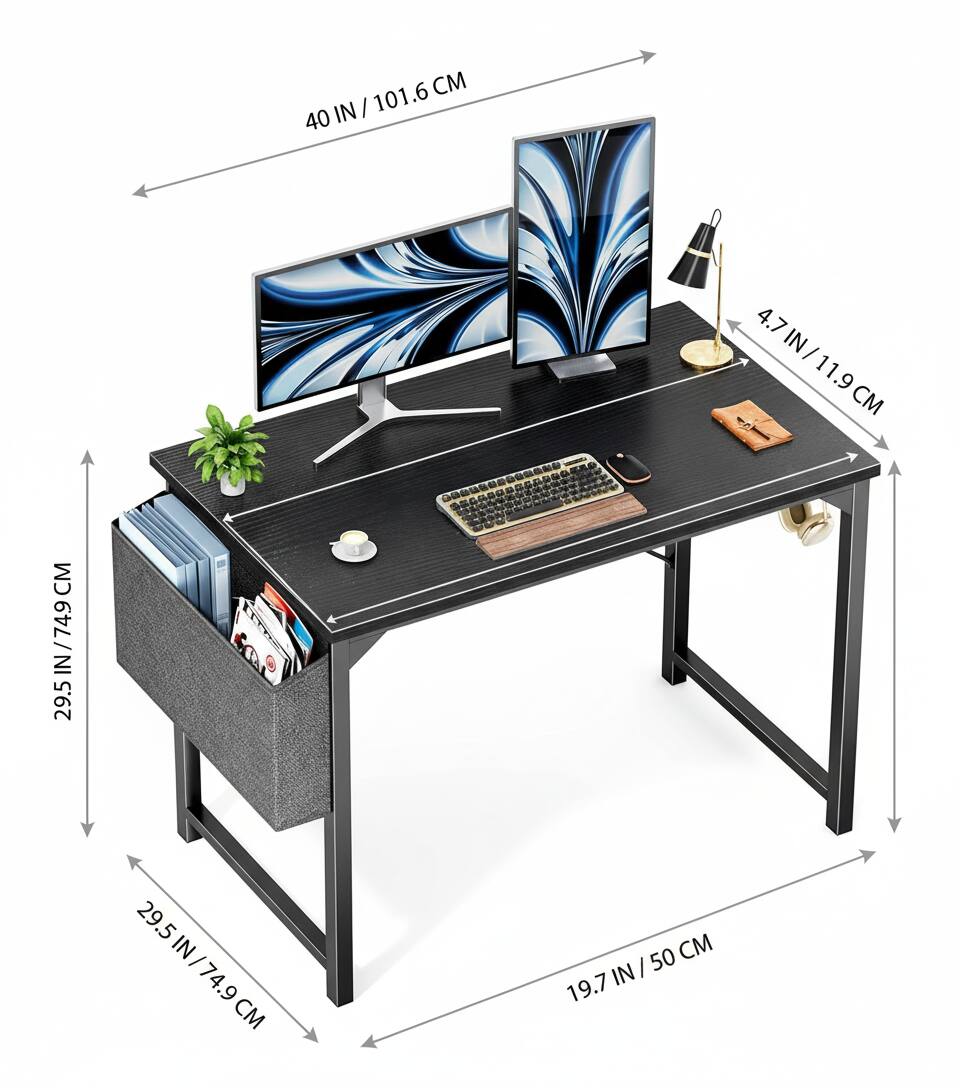 Sure, here is the corrected and grouped text from the image:

- **Width:** 40 IN / 101.6 CM
- **Depth:** 29.5 IN / 74.9 CM
- **Height:** 29.5 IN / 74.9 CM
- **Keyboard Tray Depth:** 19.7 IN / 50 CM
- **Monitor Stand Height:** 4.7 IN / 11.9 CM