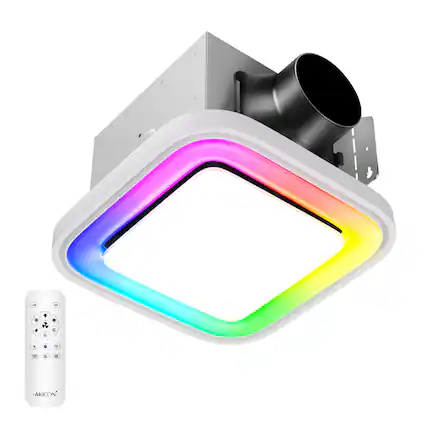 Front. Akicon - RGB3 Decorative White 110 CFM 1.5 Sone Ceiling Bathroom Exhaust Fan with Dimmable and RGB Light, Remote, Square - White.