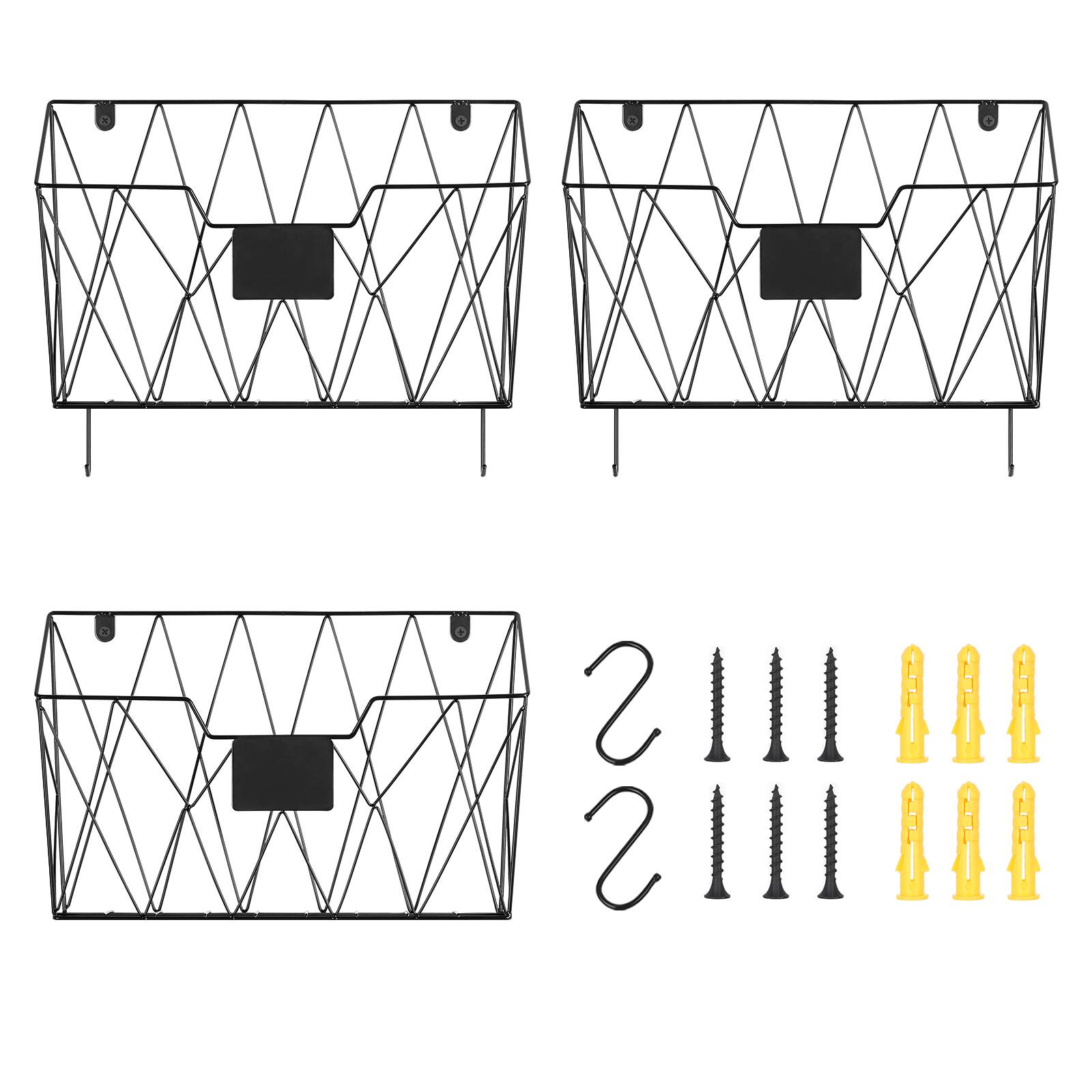 Back. Oumilen - 3 Pack Black Wall Mount File Organizer, Diamond Wire Mesh Hanging Magazine Rack with Label Plate & Bottom Hooks - Black.