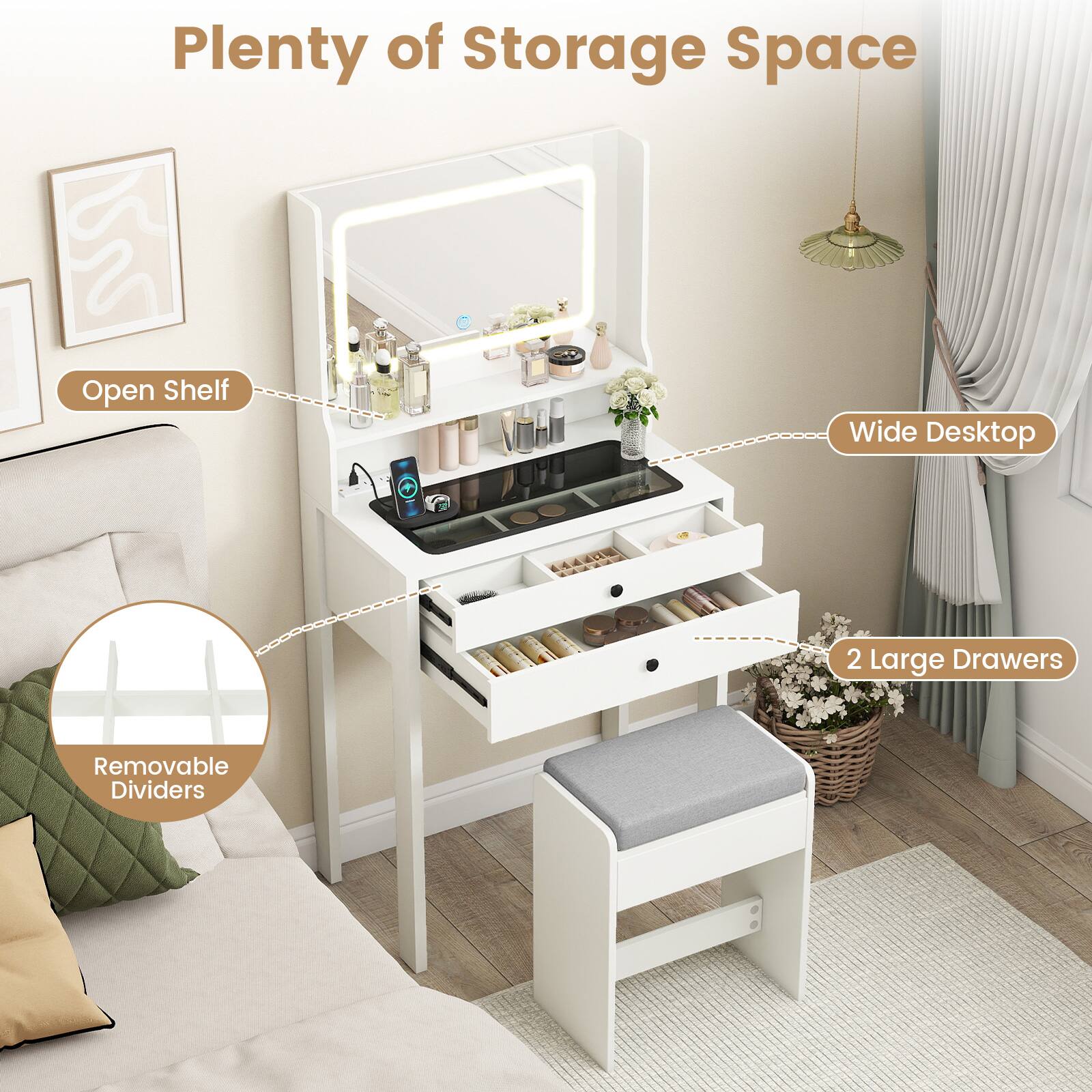 Plenty of Storage Space

- Open Shelf
- Wide Desktop
- 2 Large Drawers
- Removable Dividers