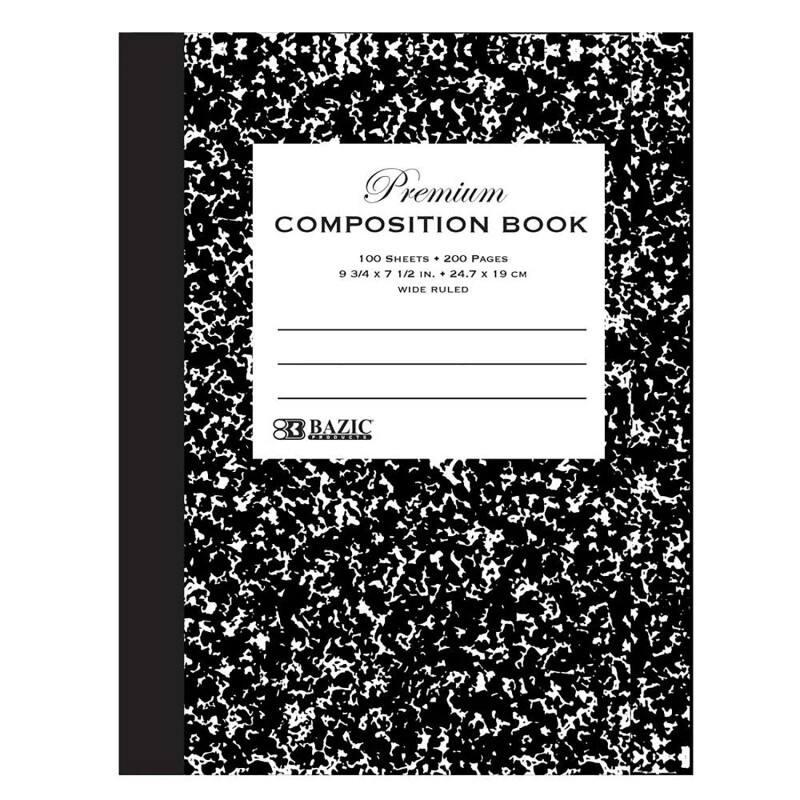 Premium COMPOSITION BOOK  
100 SHEETS  
200 PAGES  
9 3/4 x 7 1/2 IN.  
24.7 x 19 CM  
WIDE RULED  
BAZIC