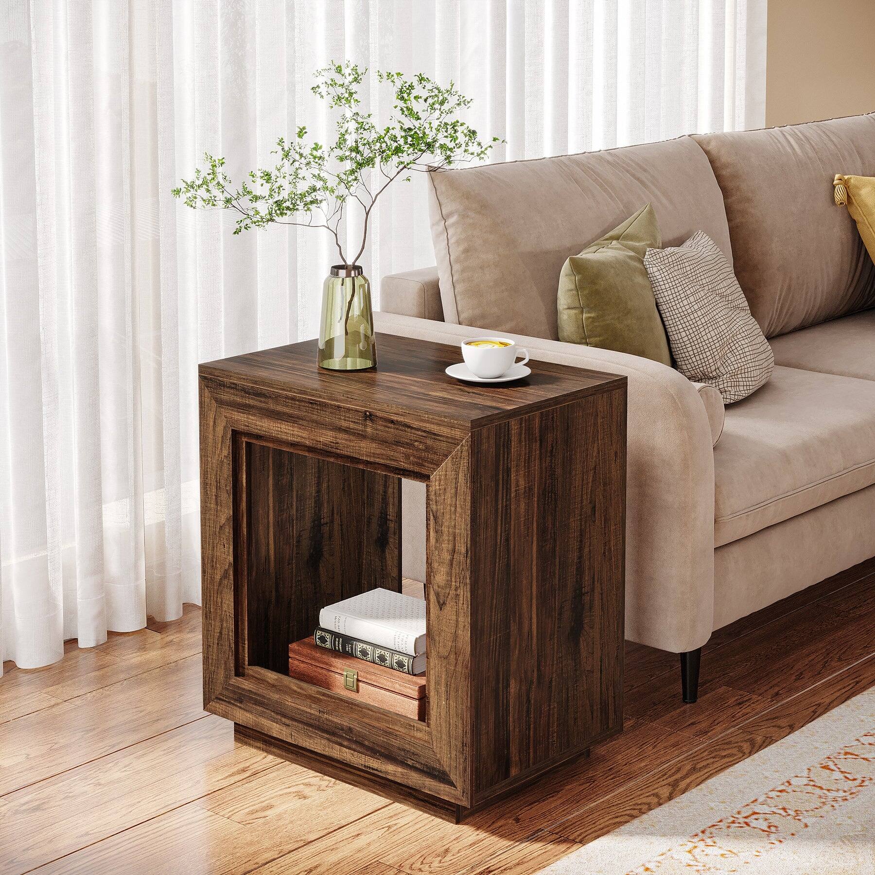 Tribesigns End Table with Wood Construction, Storage Shelves and Space ...