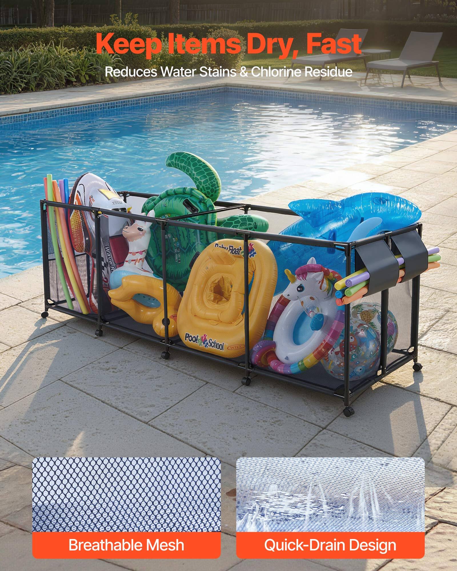 Keep Items Dry, Fast  
Reduces Water Stains & Chlorine Residue  

Breathable Mesh  
Quick-Drain Design
