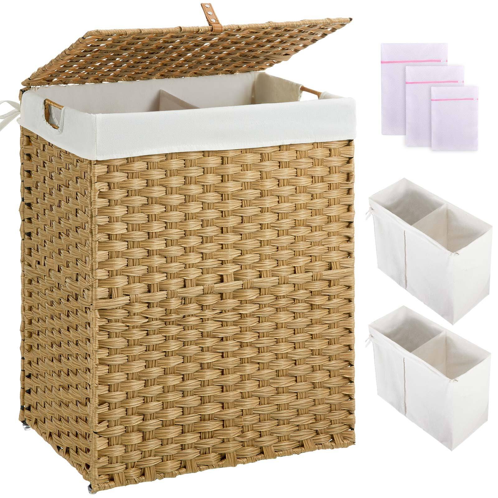 Front. DORLUKFU - Greenstell Laundry Hamper with lid, No Install Needed, 110L Wicker Laundry Baskets Foldable 2 Removable Liner Bags, 2 - Natural.