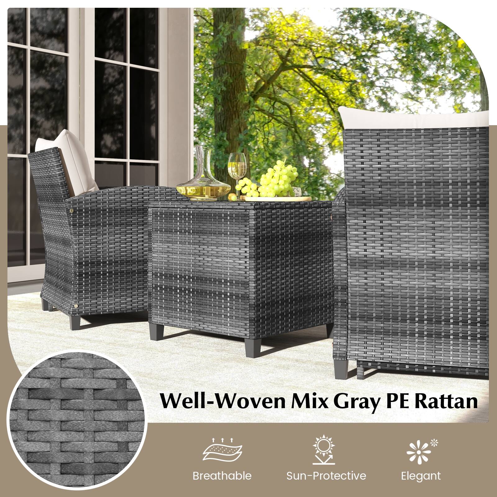 Well-Woven Mix Gray PE Rattan  
Breathable  
Sun-Protective  
Elegant