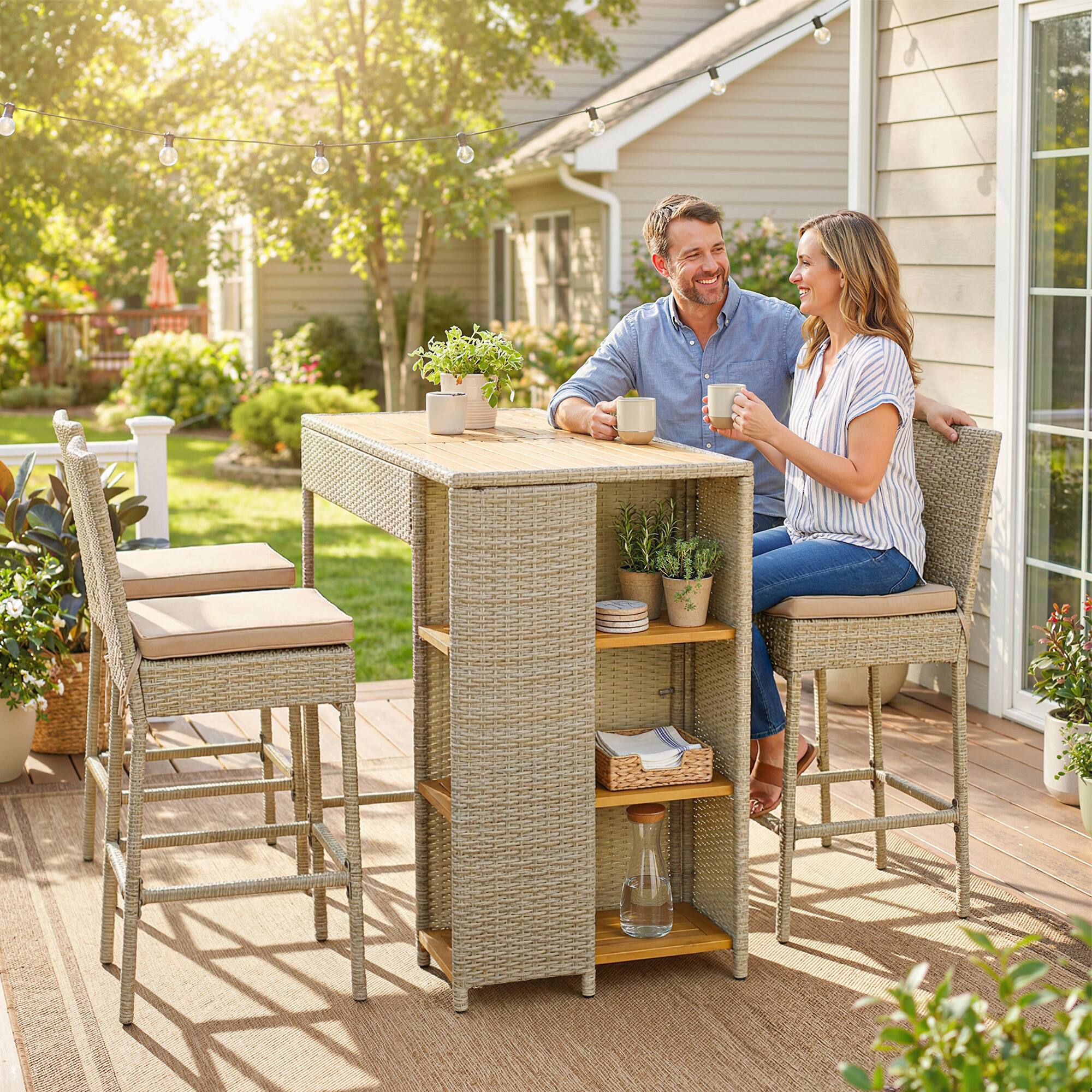 Alt View 1. Outsunny - Piece Wicker Outdoor Bar Set, Acacia Wood Outdoor High Top Table and Chairs with 3 Tier Shelves - Brown.