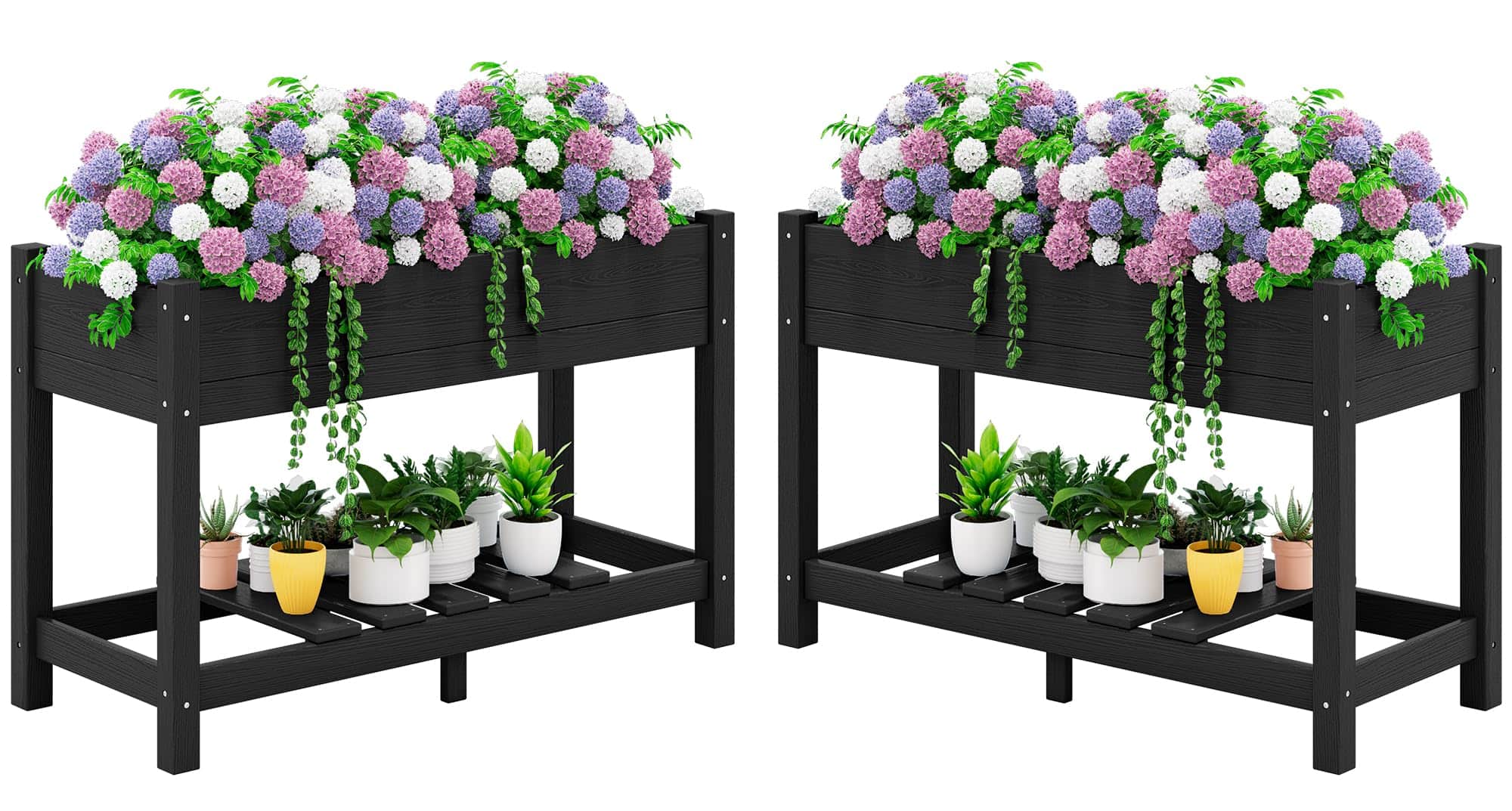 SERWALL - Raised Garden Bed with Legs Set of 2-,HDPE Elevated Planter with Storage Shelf & Drainage Holes - Black