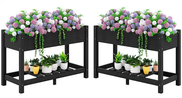 Front. SERWALL - SERWALL Raised Garden Bed with Legs Set of 2-Black,HDPE Elevated Planter with Storage Shelf & Drainage Holes - black.