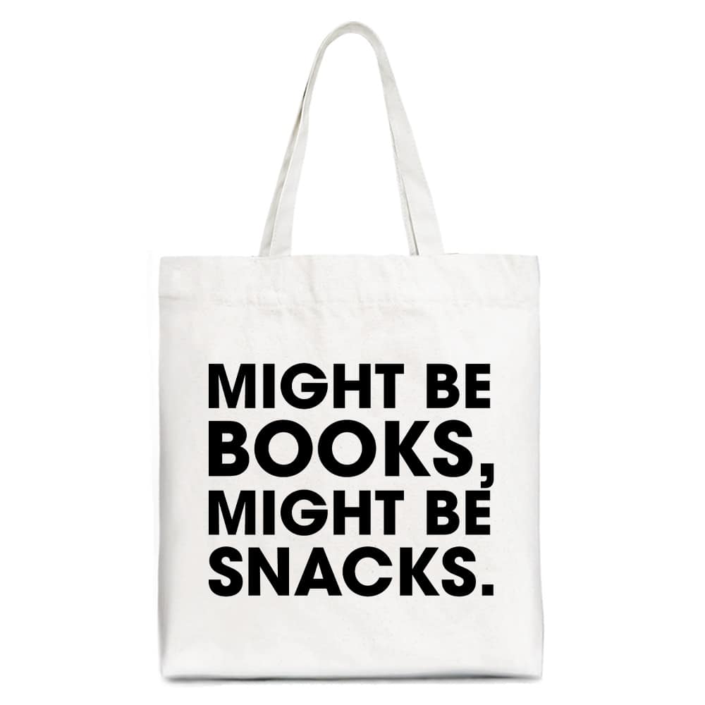 OrnamentallyYou - Might Be Books Might be Snacks Canvas Tote Bag, Minimalist Gift Shopper for Bookworms - White