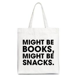 OrnamentallyYou - Might Be Books Might be Snacks Canvas Tote Bag, Minimalist Gift Shopper for Bookworms - White