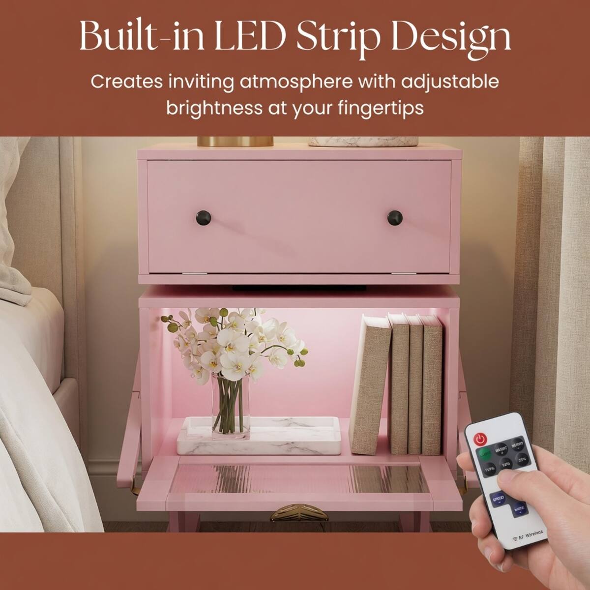 Built-in LED Strip Design  
Creates inviting atmosphere with adjustable brightness at your fingertips