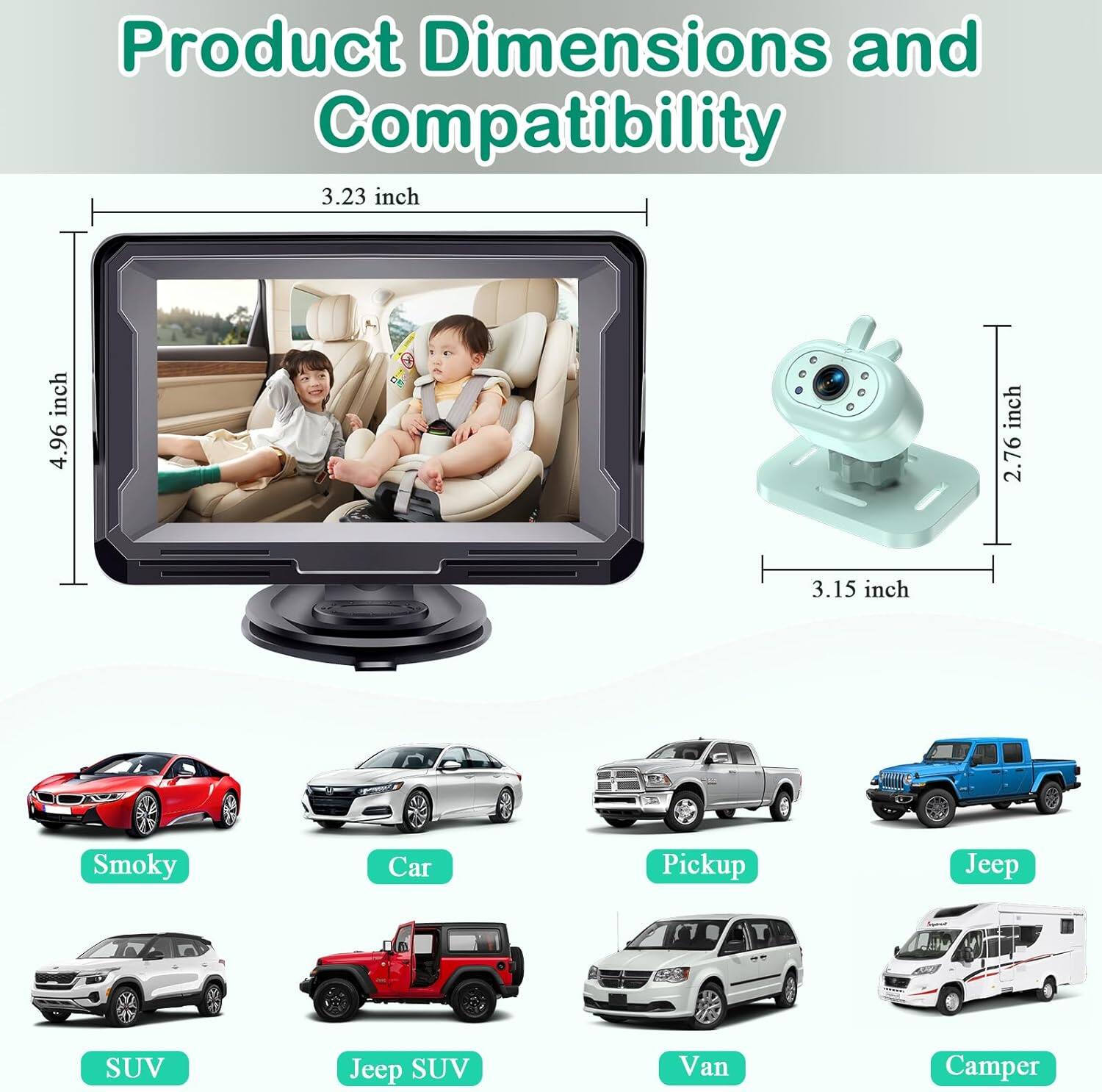 Product Dimensions and Compatibility

- 3.23 inch
- 4.96 inch
- 2.76 inch
- 3.15 inch

Compatibility:
- Smoky
- Car
- Pickup
- Jeep
- SUV
- Jeep SUV
- Van
- Camper