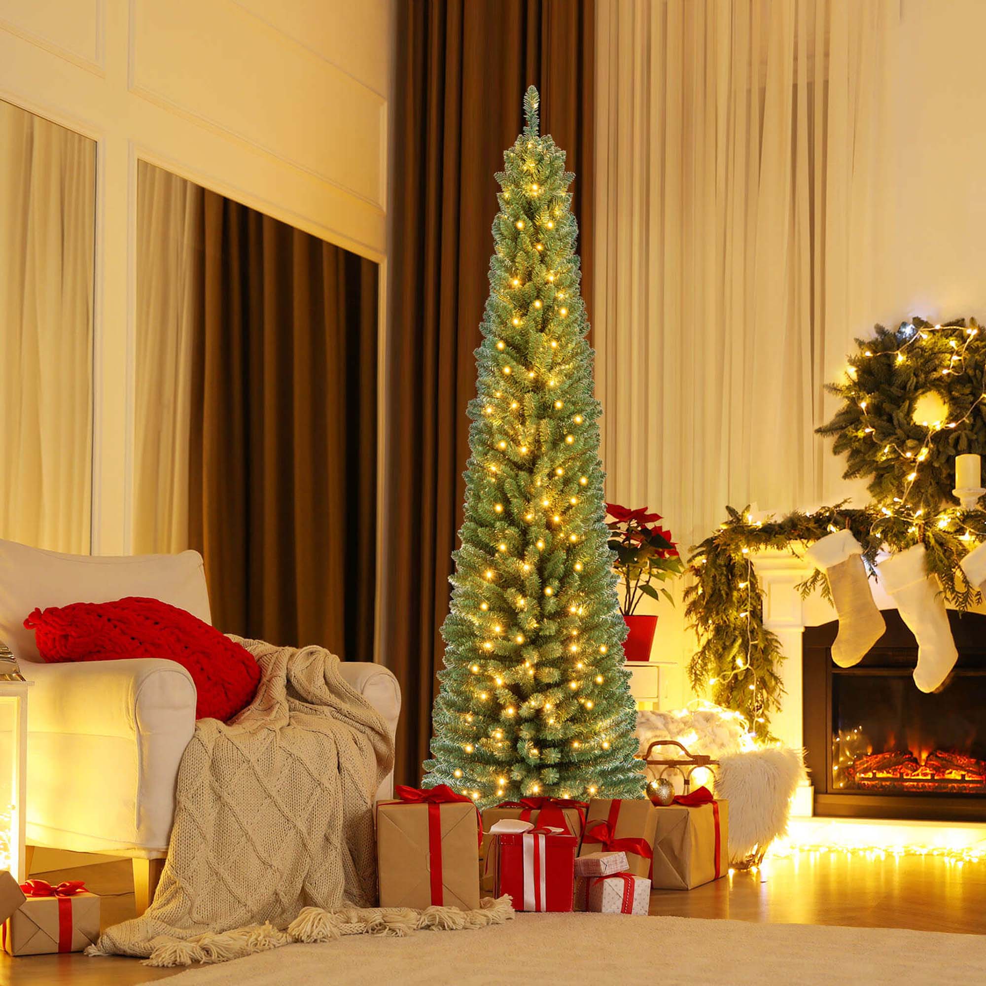 Alt View 4. Costway - Costway 7 FT Pencil Christmas Tree with 523 Memory Wire Branch Tips 190 LED Lights for Home - Green.